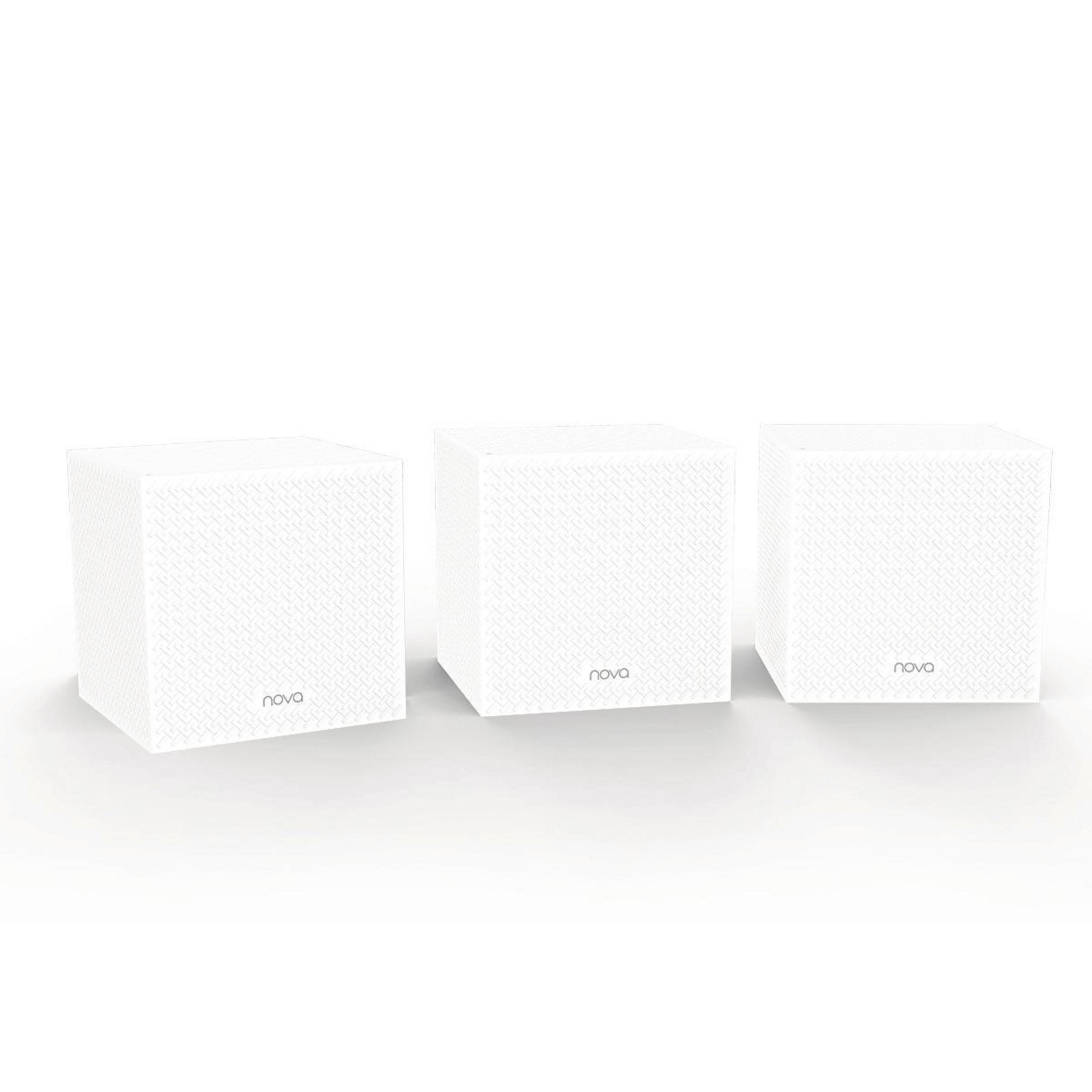 Drei weiße Mesh-WLAN-Würfel. Jeder hat ein 'nova'-Logo auf der Vorderseite.