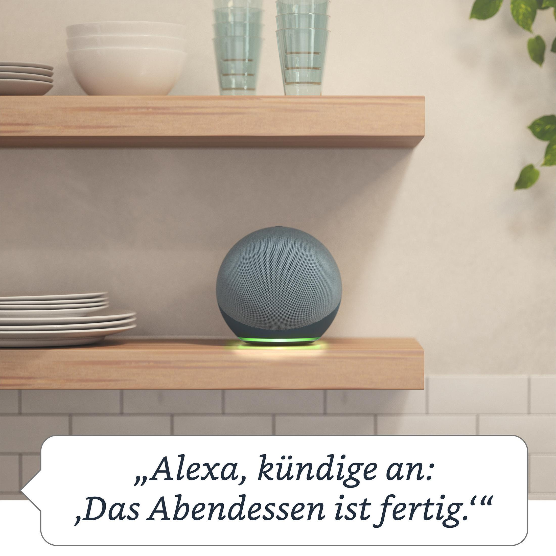 Un altavoz inteligente en un estante. Texto: Alexa, anuncia: La cena está lista.