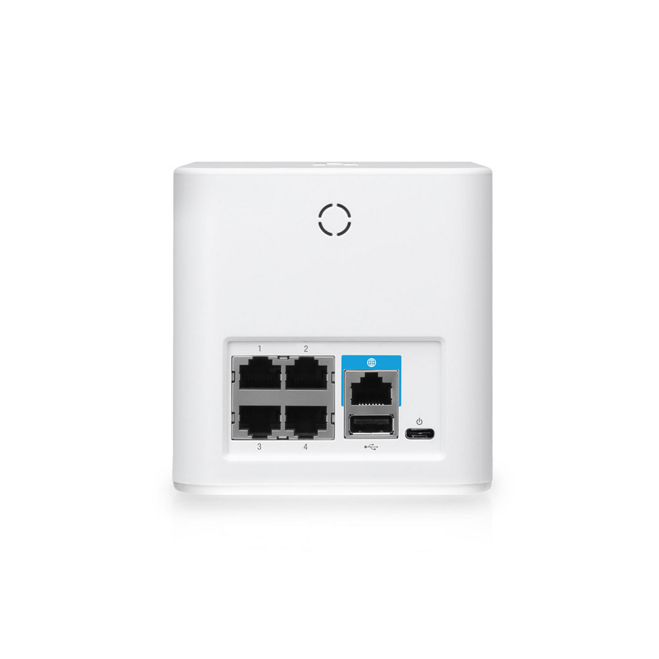 Retro del router bianco con quattro porte Ethernet, una USB e una di alimentazione.