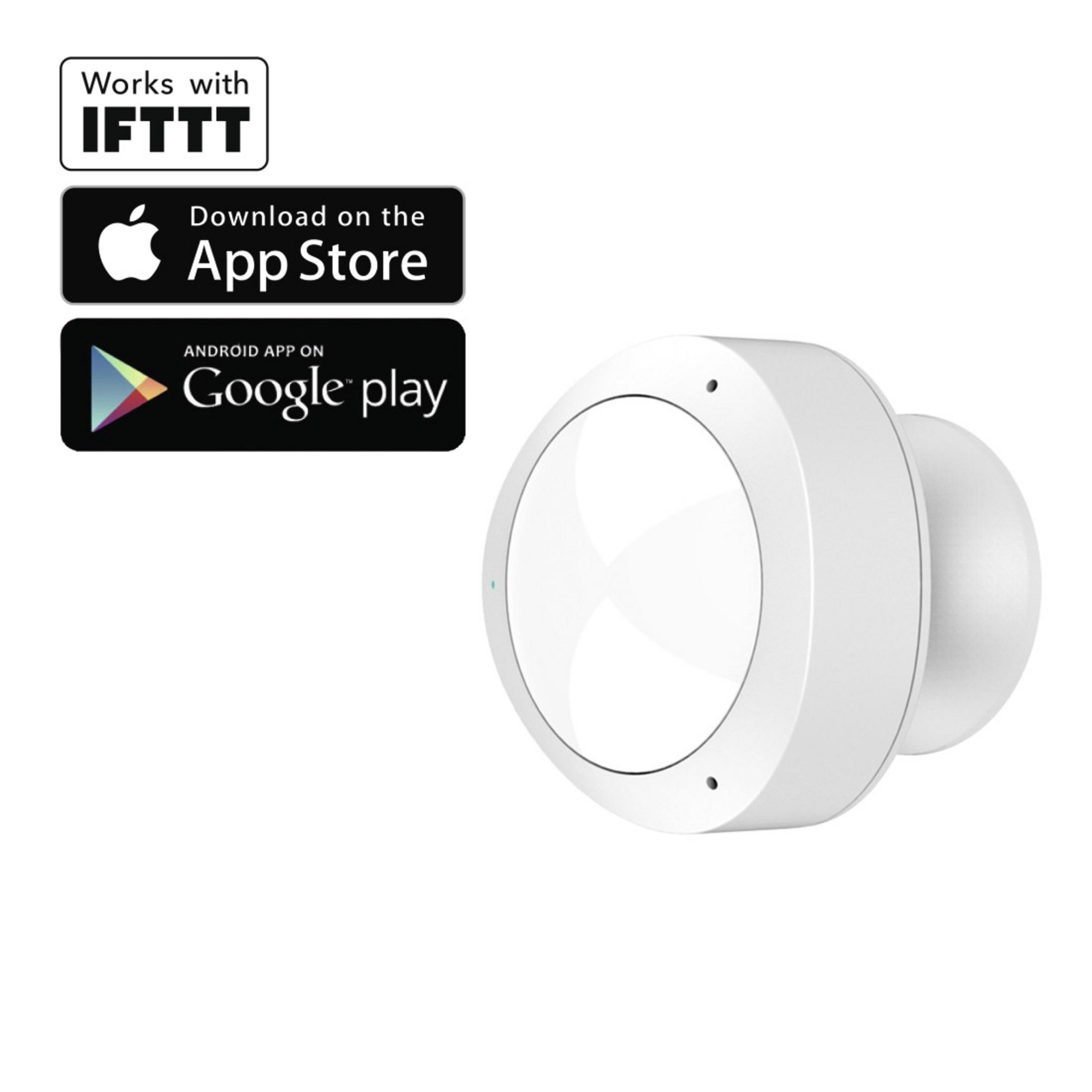 Un dispositivo doméstico inteligente blanco con forma redondeada y dos logotipos de tiendas de aplicaciones.
