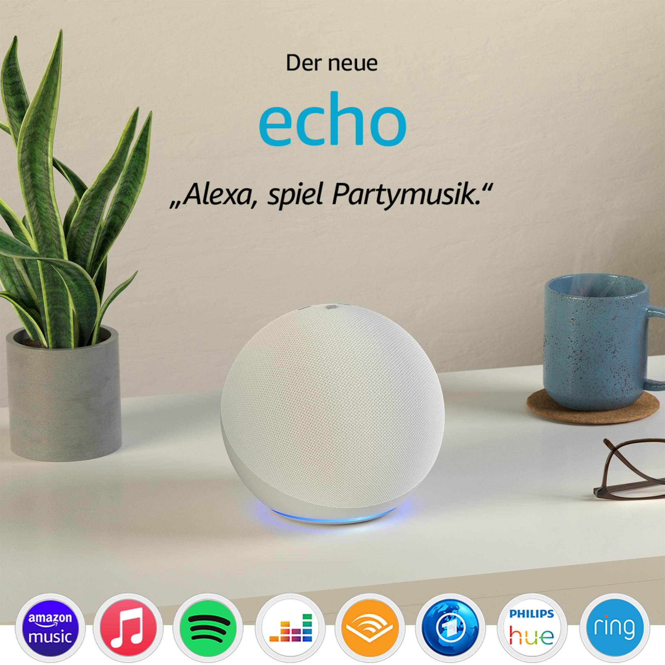 Altoparlante intelligente Echo bianco su un tavolo. Testo in alto: 'Der neue echo'. Comando Alexa nel testo sottostante.