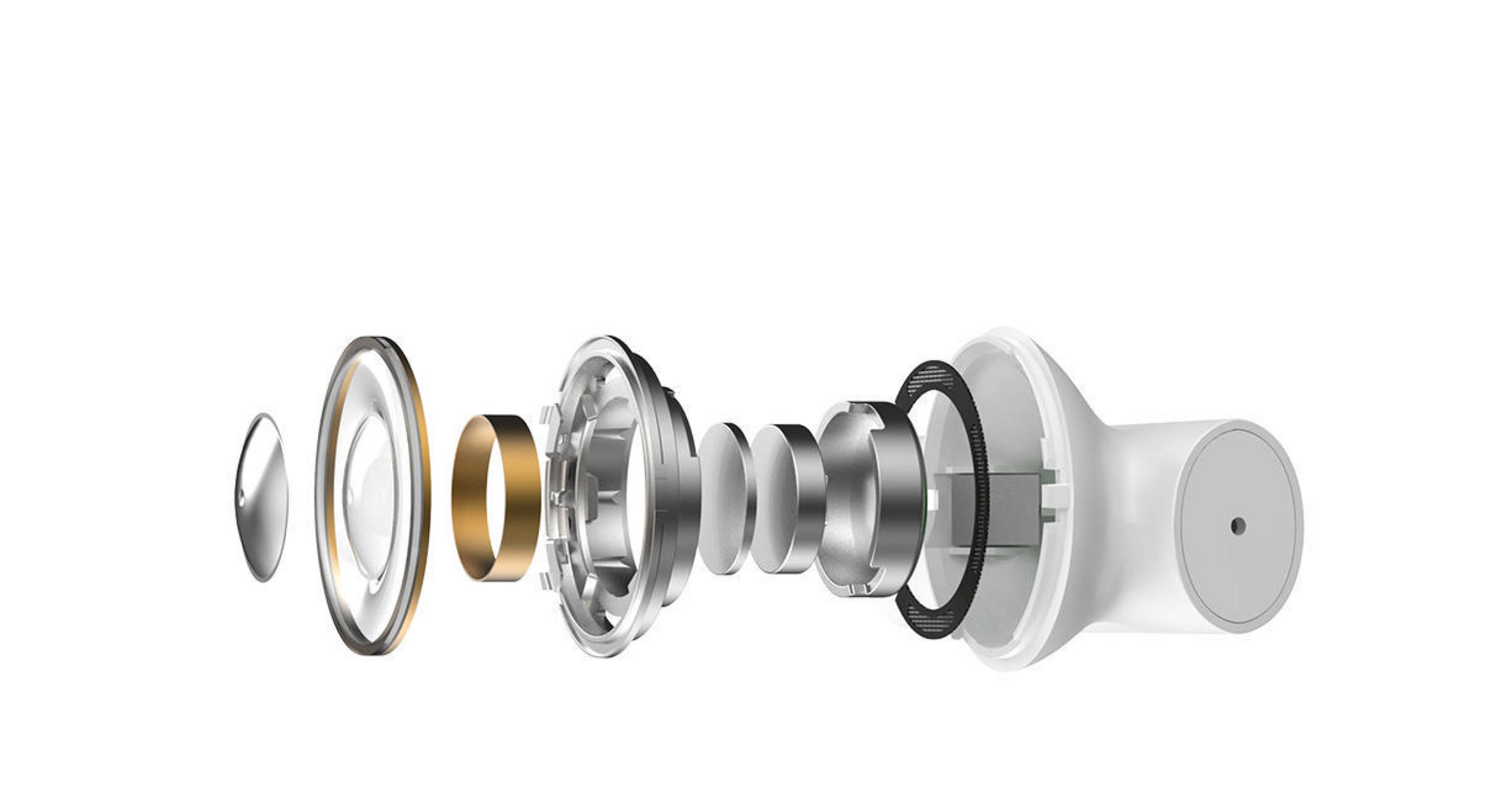 Widok rozstrzelony elementów słuchawek, pokazujący części.