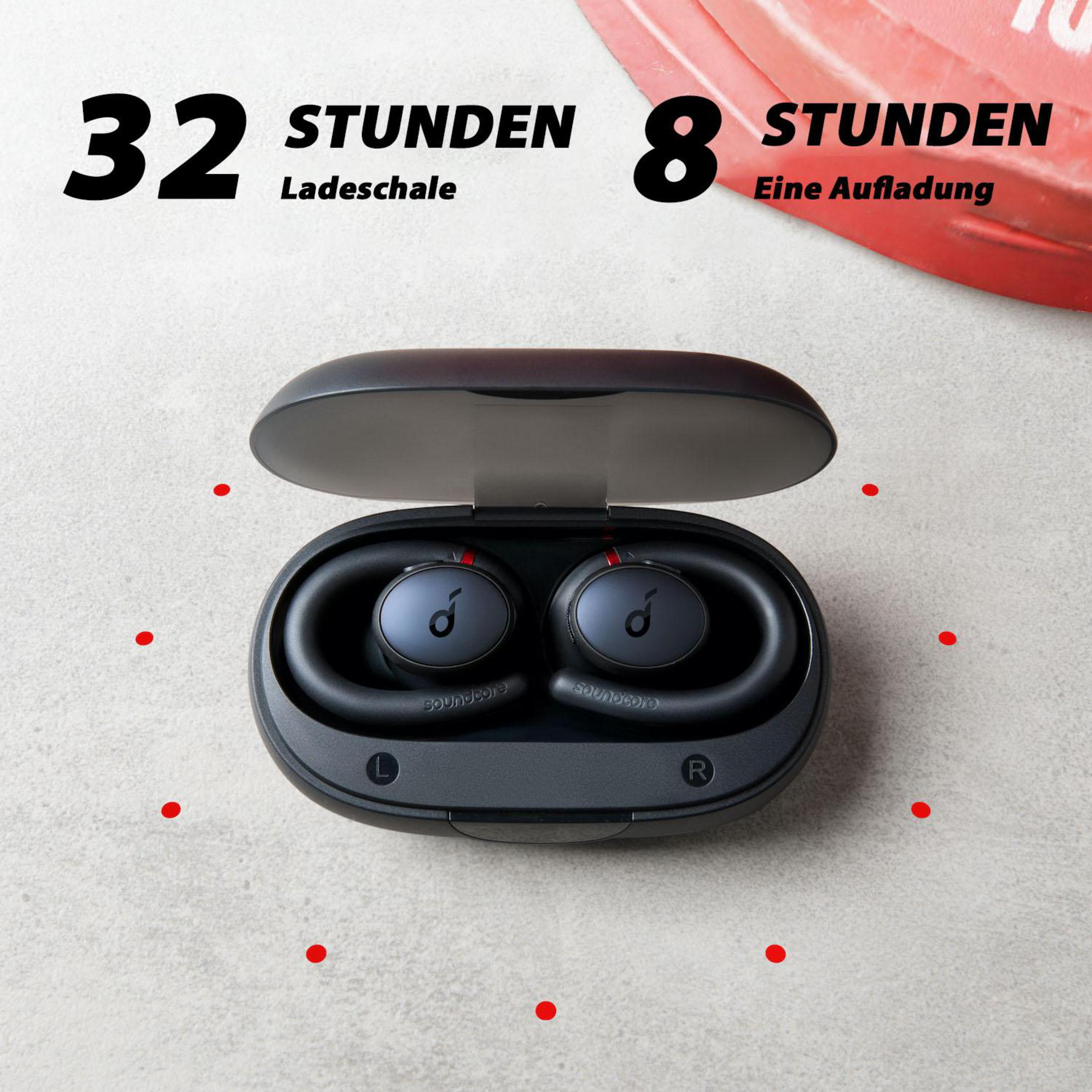 Schwarze Soundcore-Ohrhörer in einem Ladecase. Text sagt 32 Stunden für das Case, 8 Stunden für eine Ladung.
