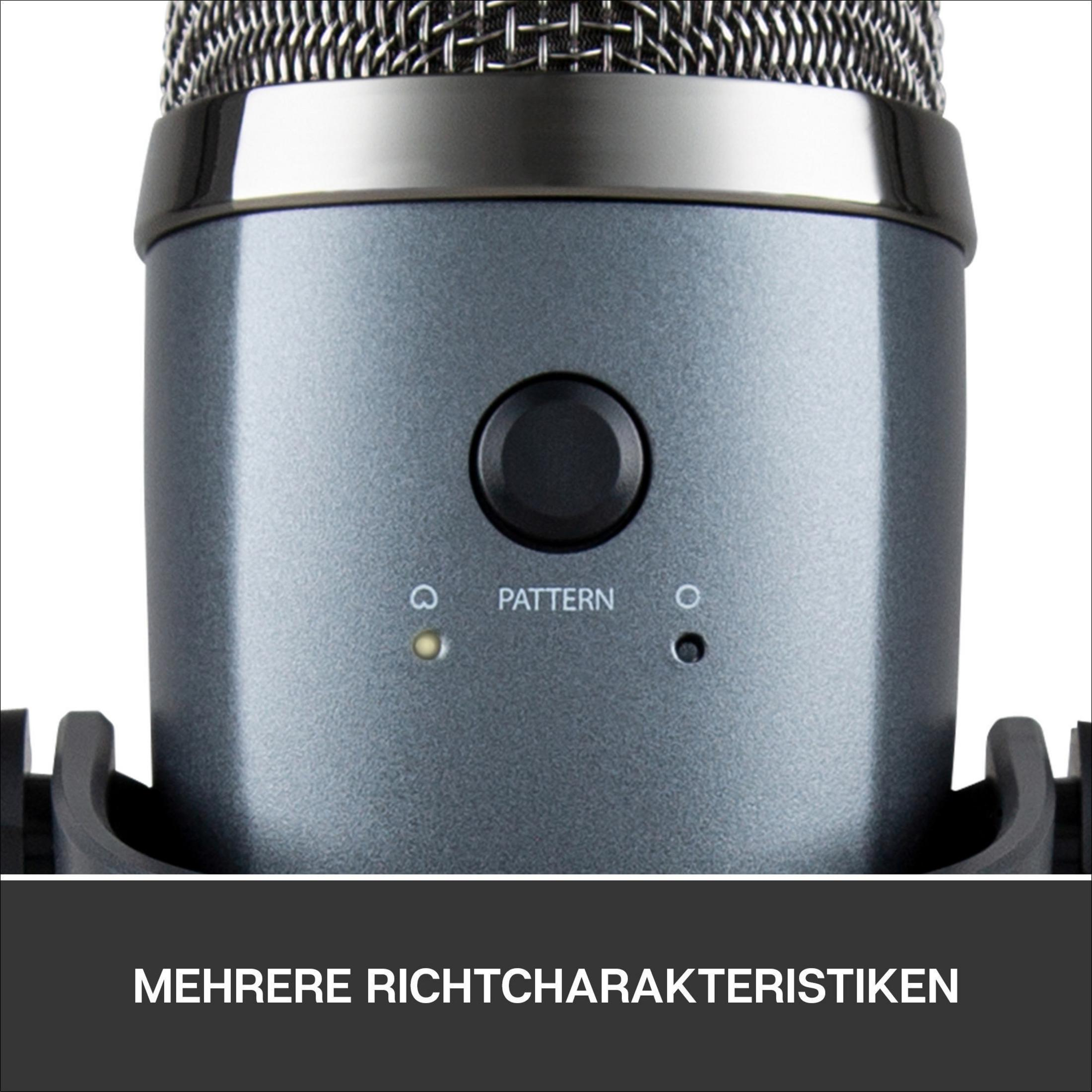 Nahaufnahme eines grauen Mikrofons. Ein Knopf und Kontrollleuchten sind sichtbar.