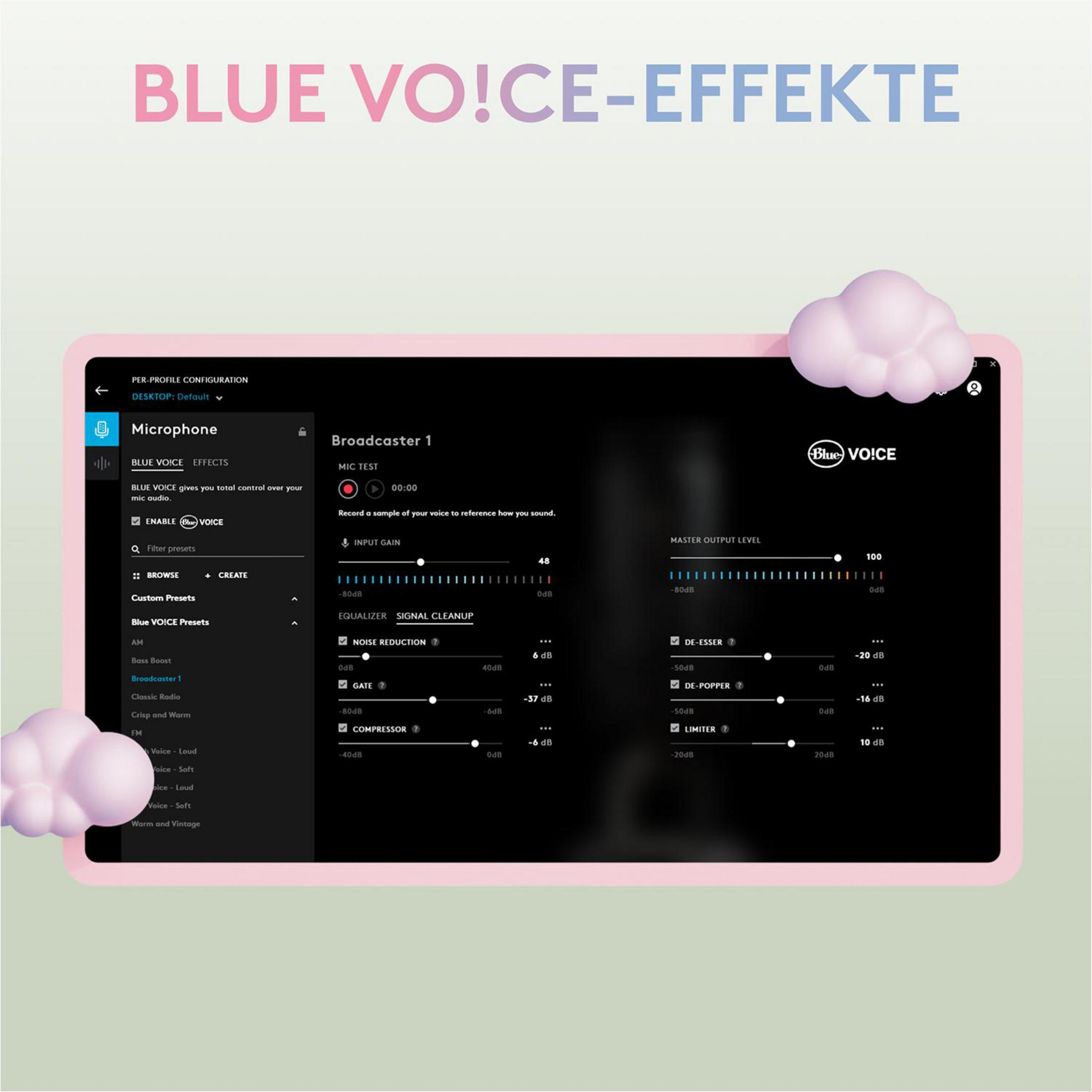 Ein Bildschirm zeigt Audio-Software mit Bedienfeldern und eine rosa Wolkengrafik auf rosa Hintergrund.