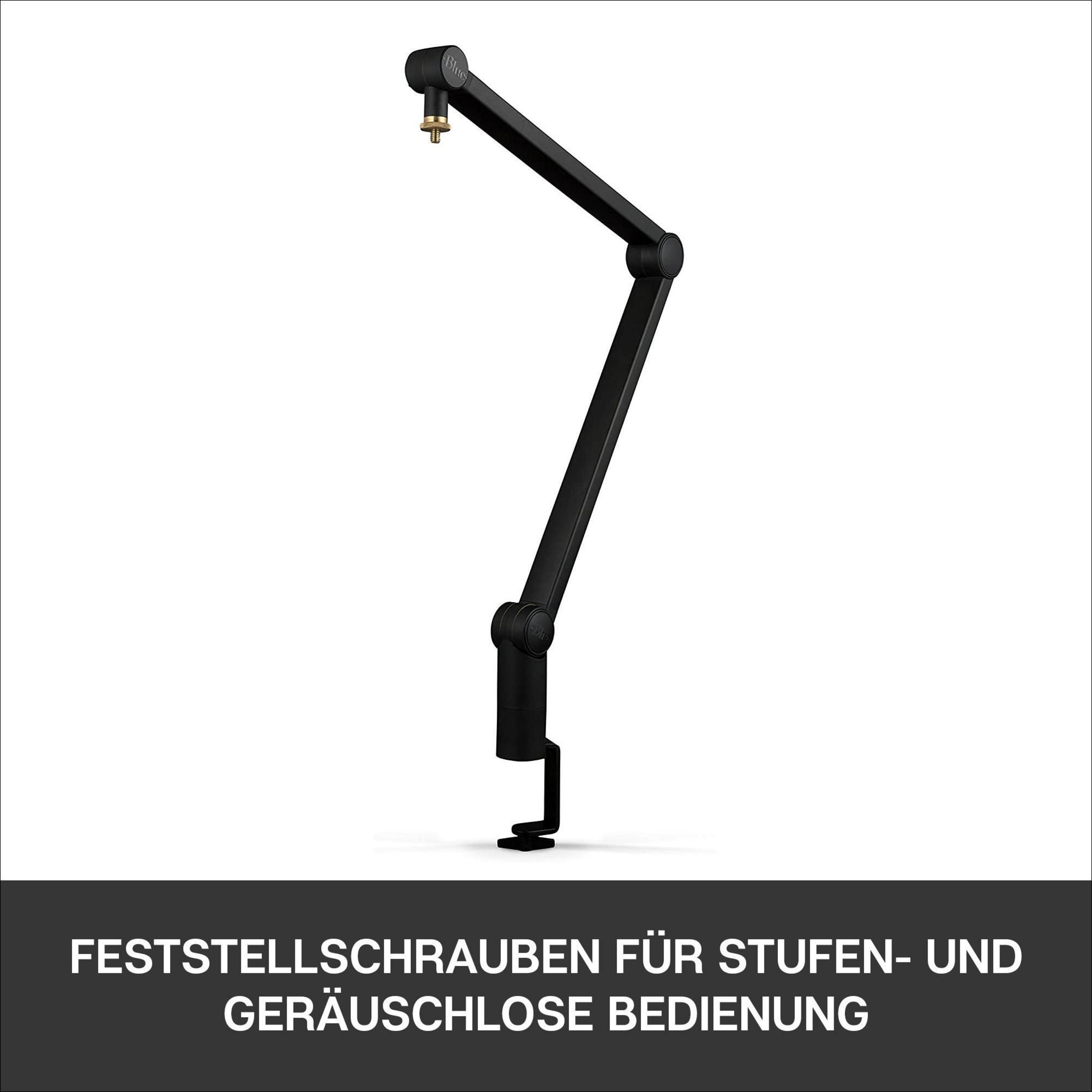 Schwarzer Mikrofonarm auf Weiß. Text unten: „BEFESTIGUNGSSCHRAUBEN FÜR STUFEN- UND GERÄUSCHLOSE BEDIENUNG“.