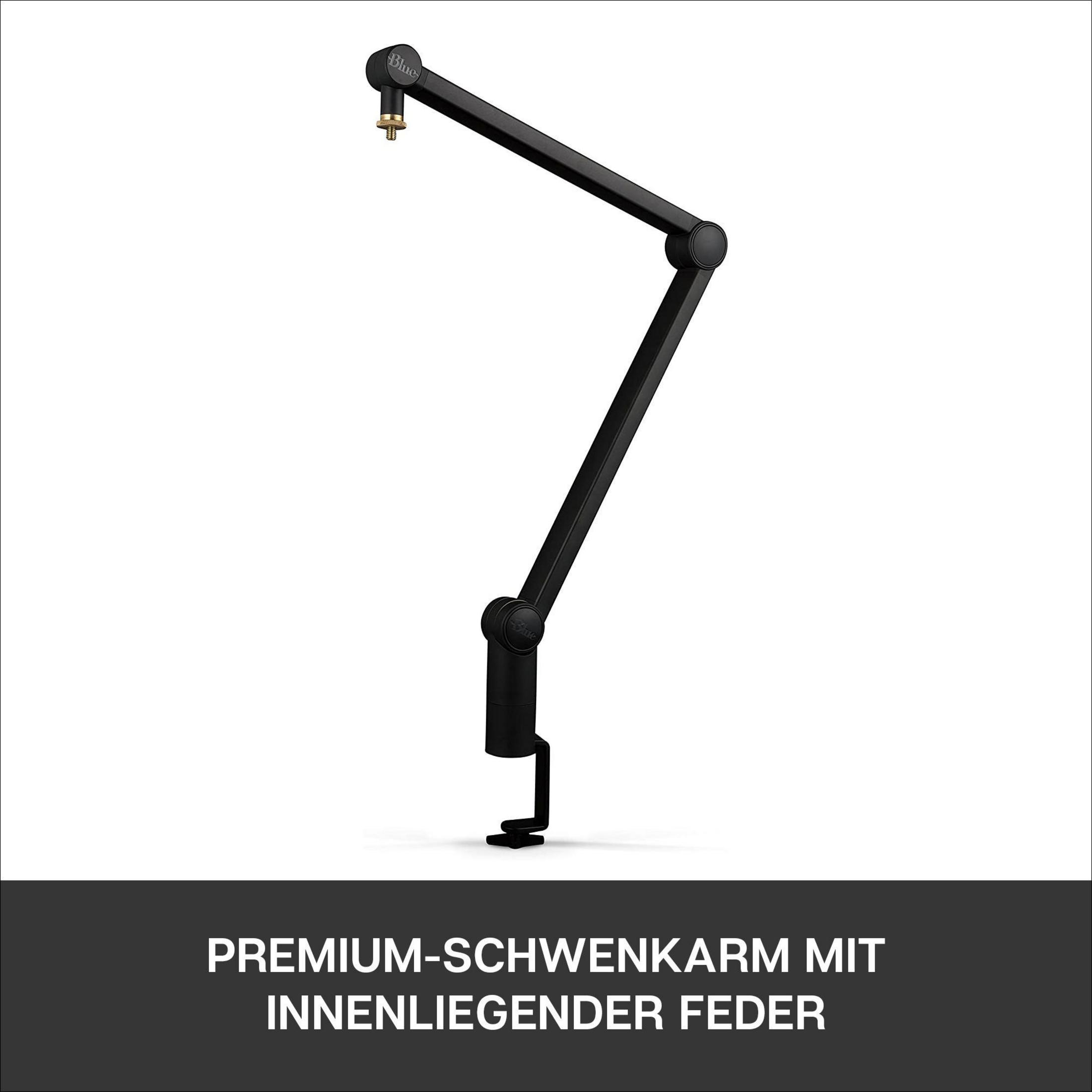 Ein schwarzer Mikrofonarm, ausgefahren und montiert. Er hat eine Klemme und Gelenke.