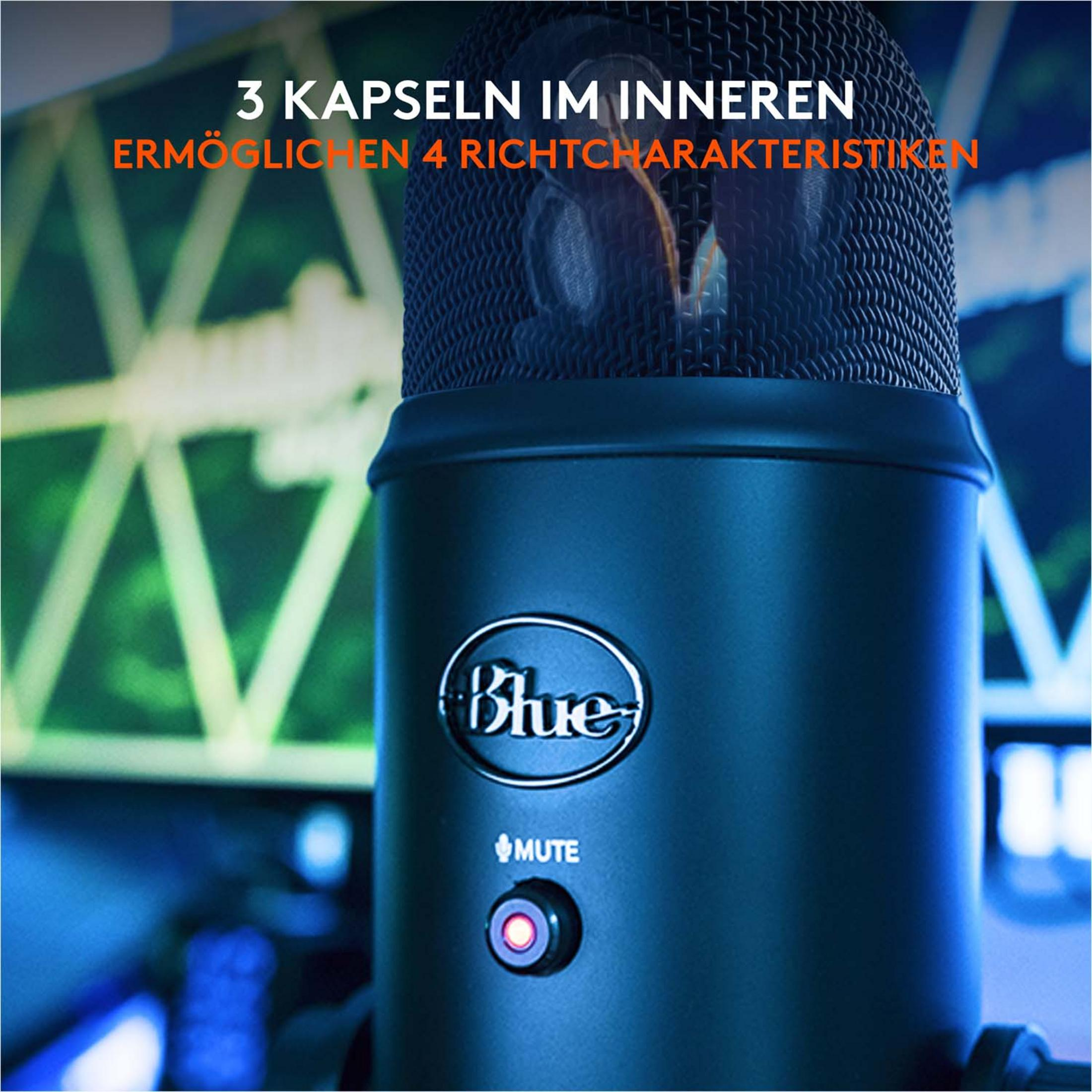 Ein blaues Mikrofon mit rotem Stummschaltungslicht und Text.