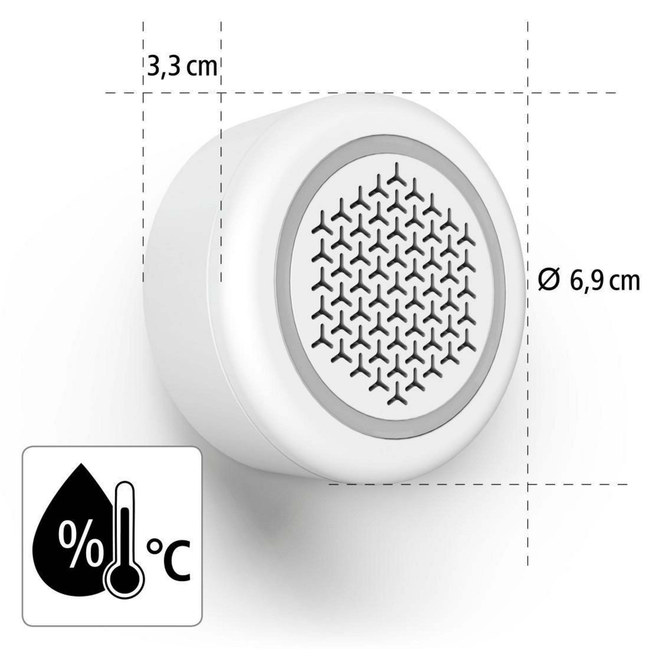 Ein weißes, rundes Gerät mit einem Mesh-Zentrum, Abmessungen angezeigt. Es ist ein Smart-Home-Gerät.