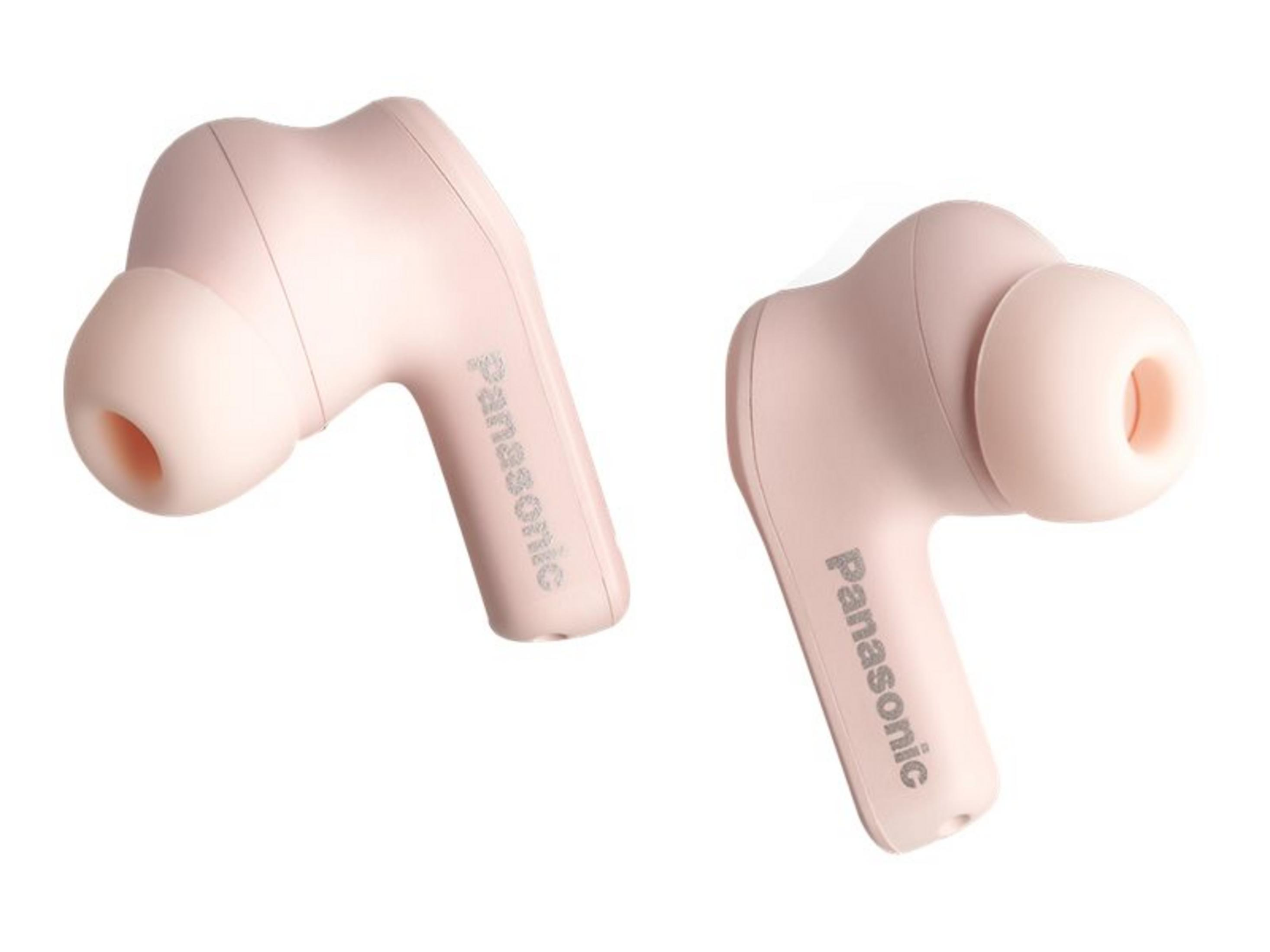 Dwa różowe słuchawki na białym tle. Na każdym z nich wydrukowano słowo 'Panasonic'.