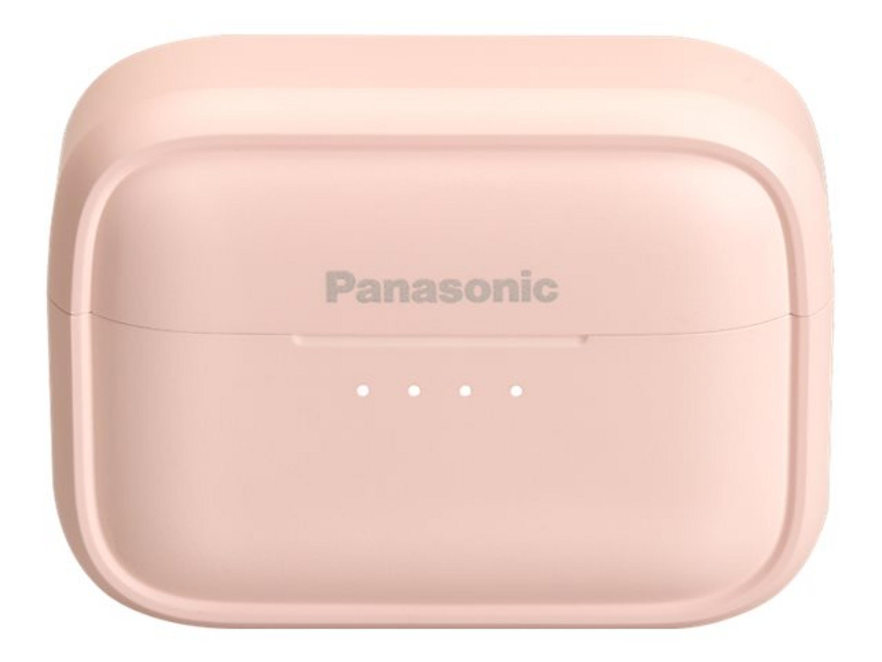 Różowe etui ładujące do słuchawek Panasonic z nazwą marki i diodami.