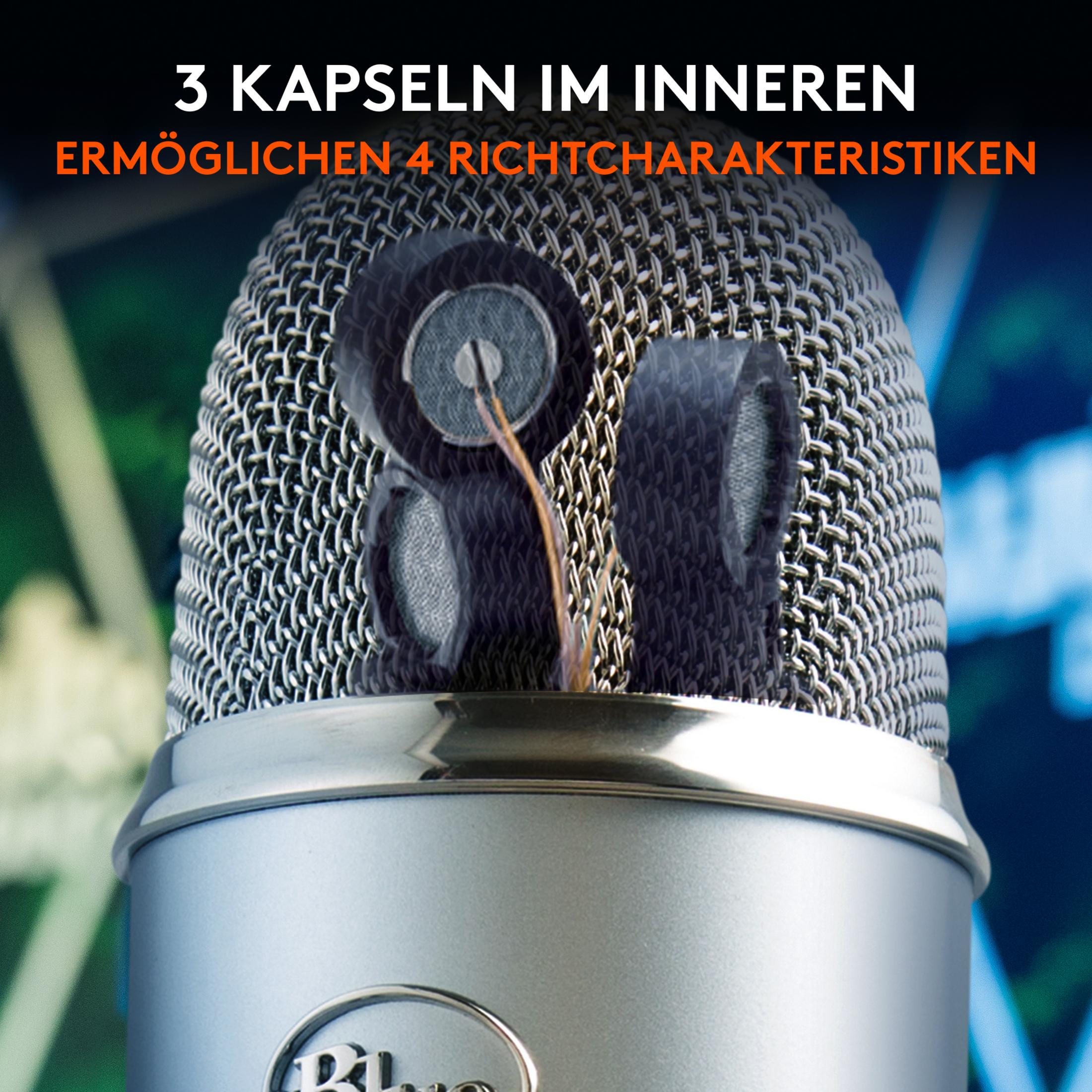 Zbliżenie mikrofonu z tekstem opisującym jego funkcje.