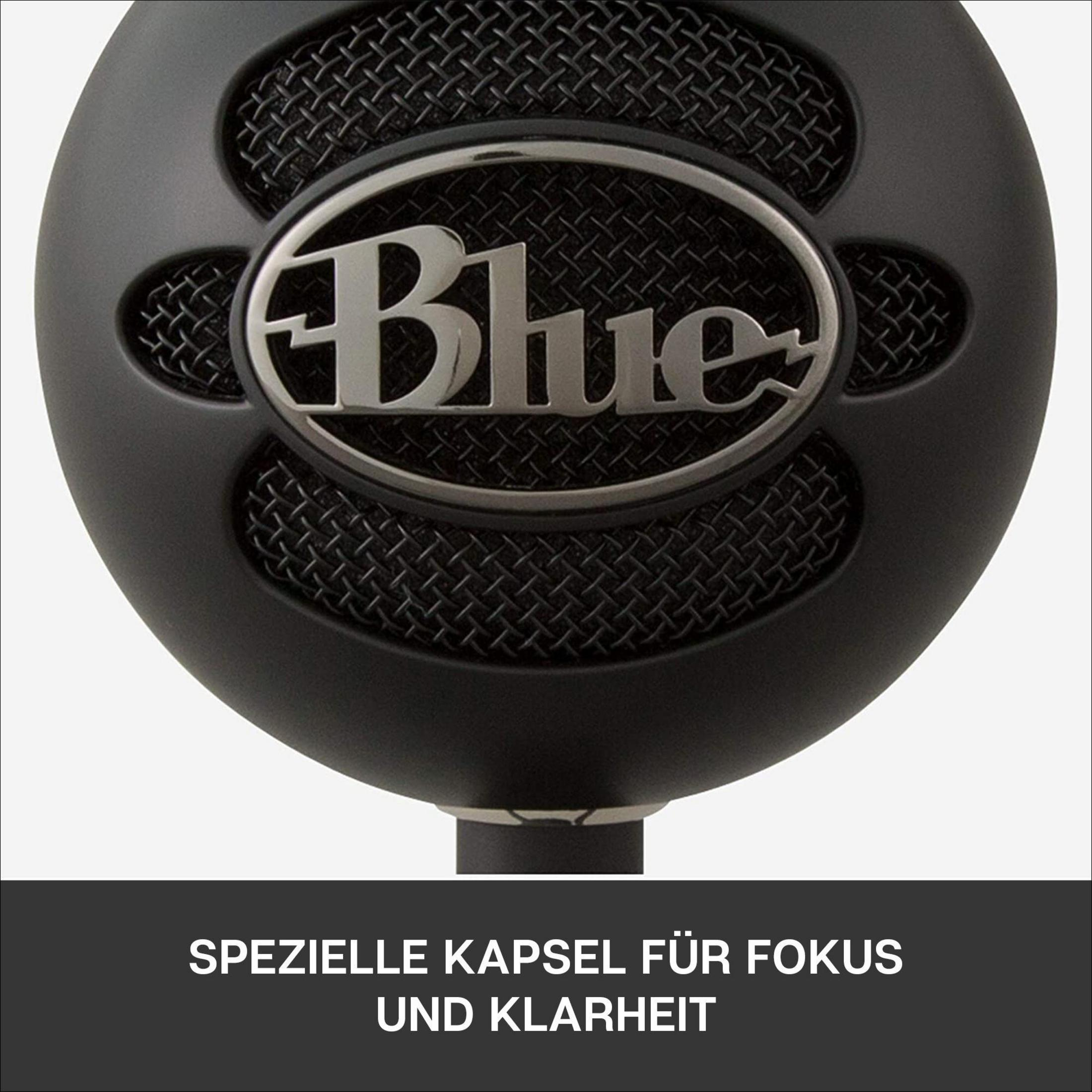Schwarzes Mikrofon mit silbernem Logo. Maschendetail. Text unten: 'SPEZIELLE KAPSEL FÜR FOKUS UND KLARHEIT'.