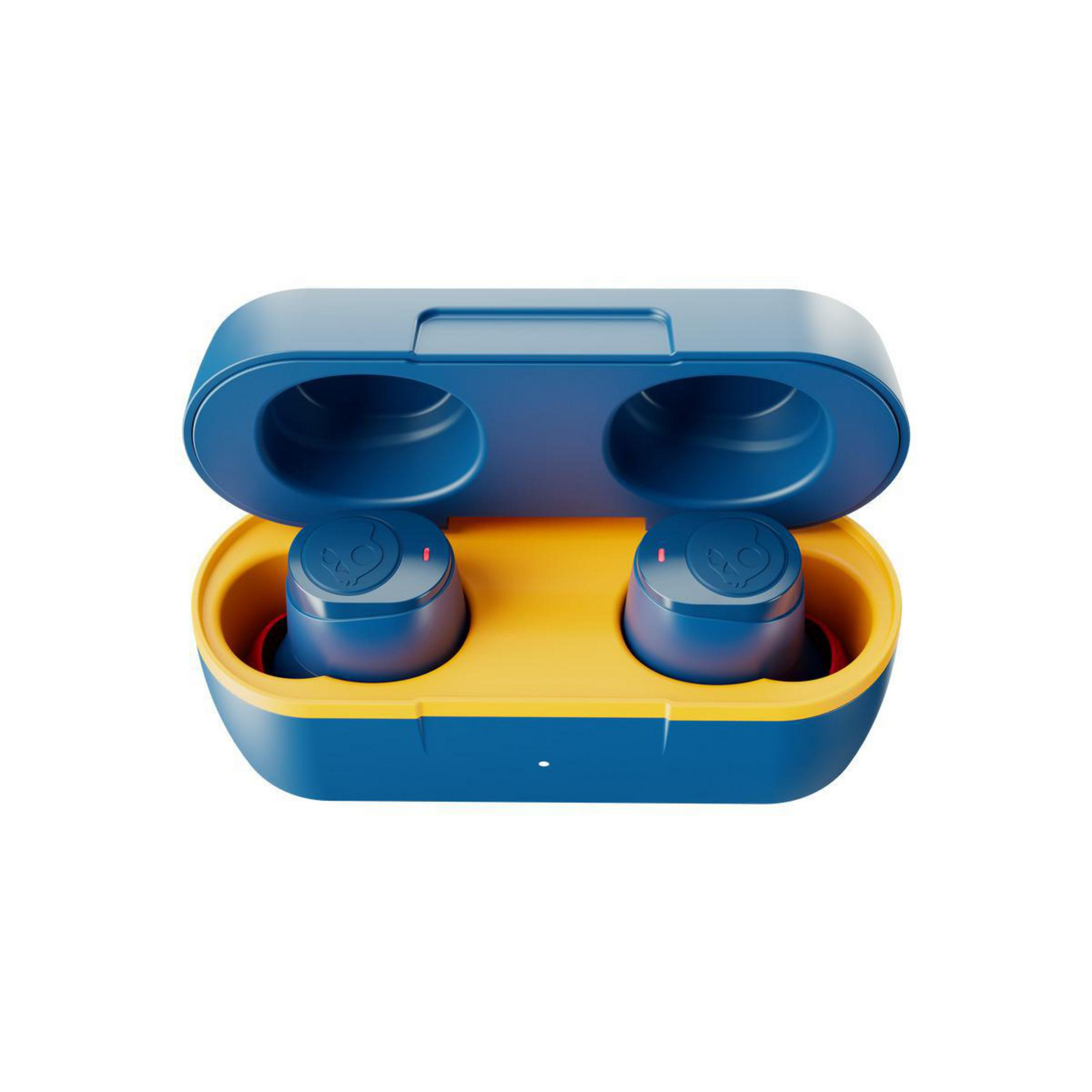 Niebiesko-żółte etui na słuchawki z czarnymi słuchawkami w środku. Etui jest otwarte.