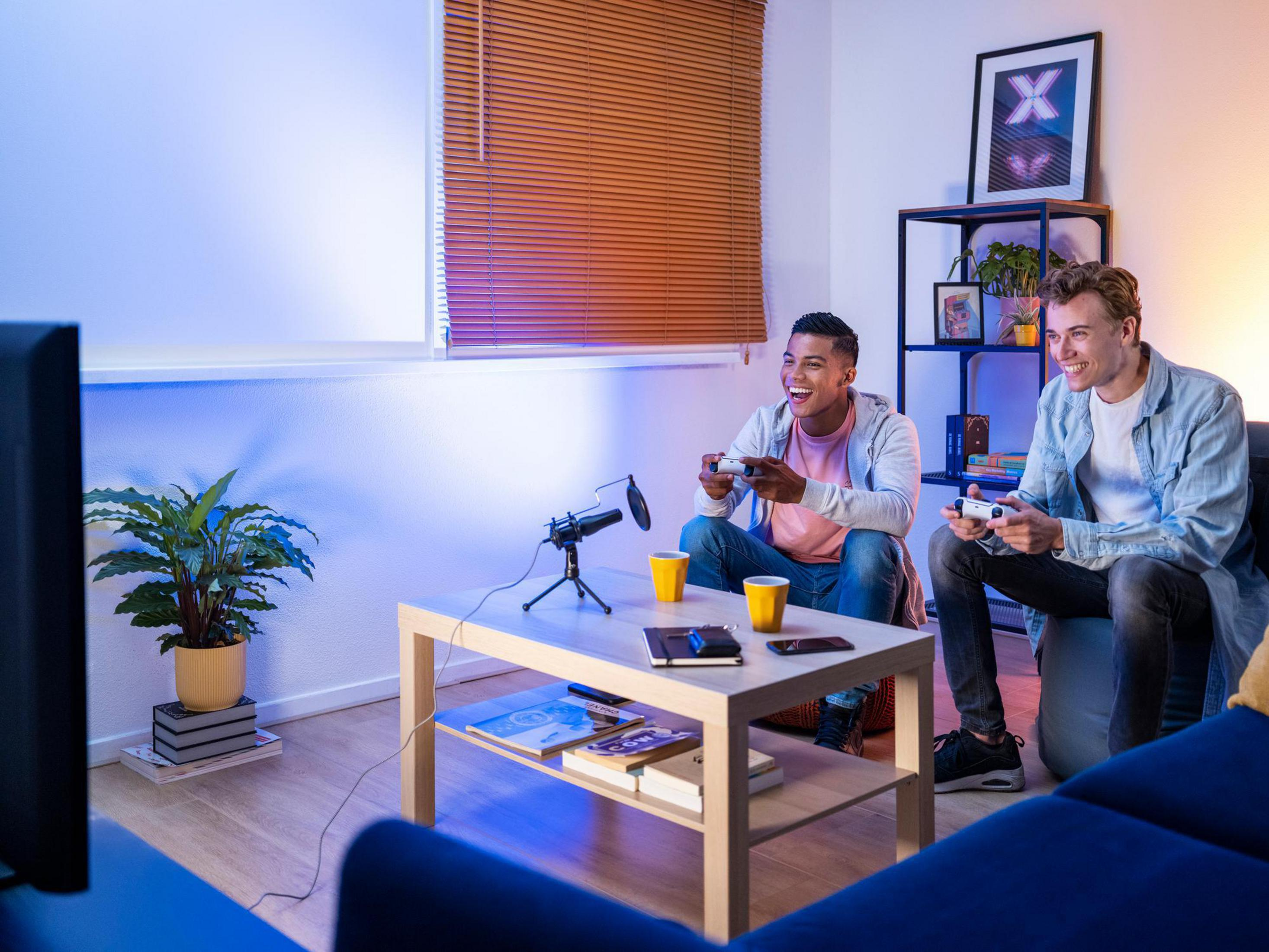 Zwei junge Männer spielen im Wohnzimmer, mit Controllern und einem Fernsehbildschirm.