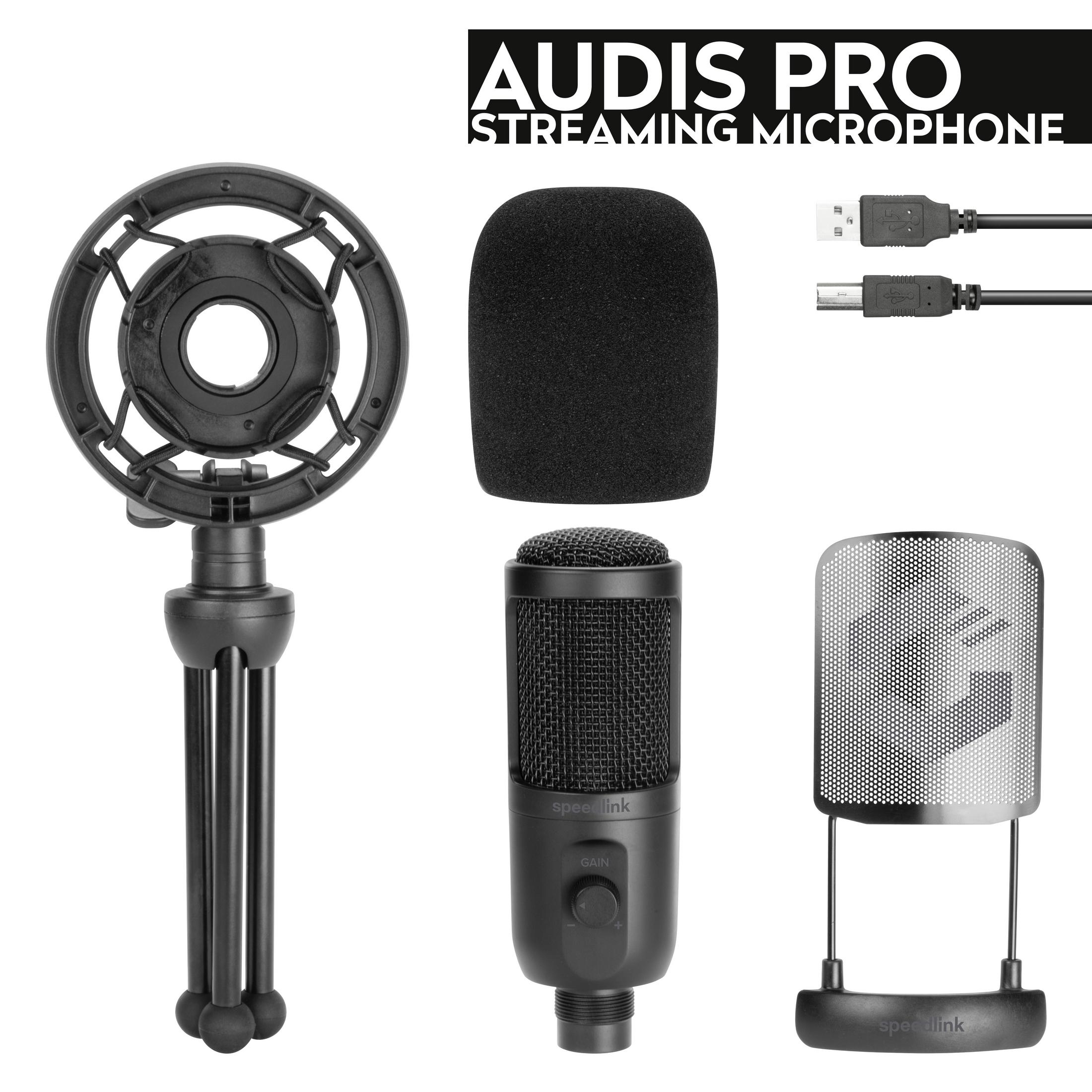 Ein Streaming-Mikrofon-Kit mit Ständer, Pop-Filter und zwei USB-Kabeln.