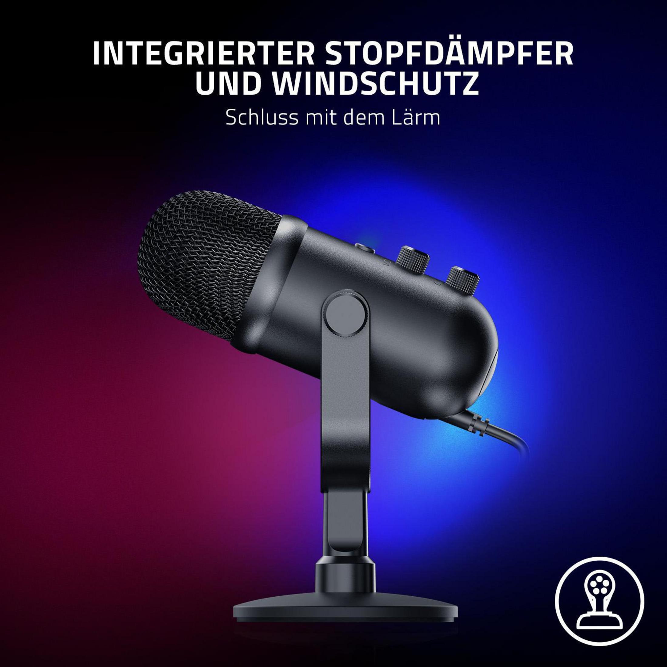 Een zwarte microfoon met een standaard. Tekst: "INTEGRIERTER STOPFDÄMPFER UND WINDSCHUTZ".