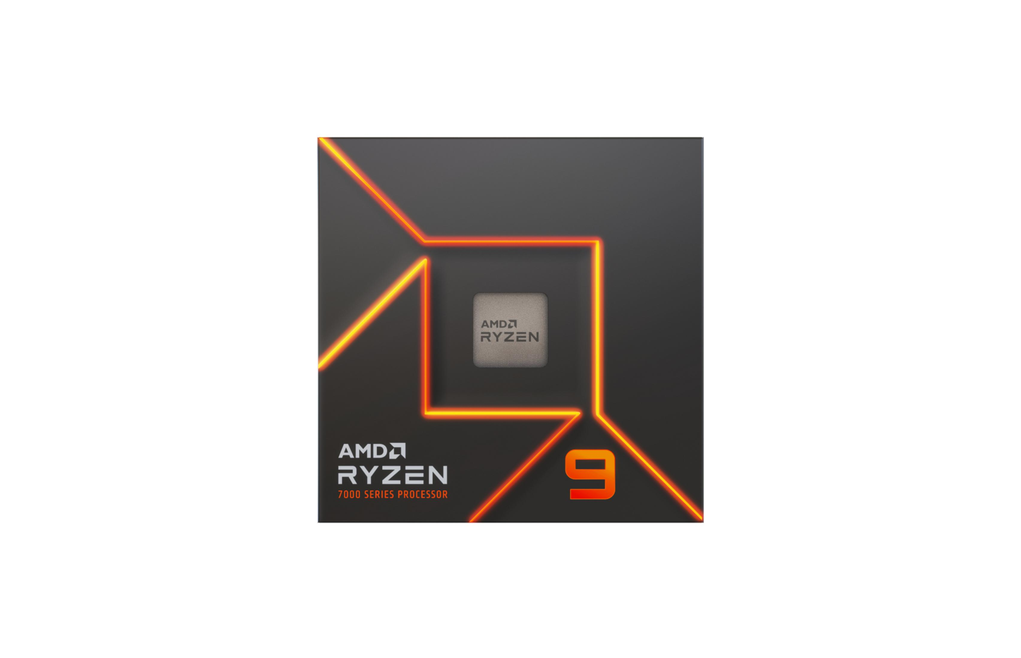 Kwadratowe pudełko z procesorem AMD Ryzen 9, z czerwonym i żółtym wzorem.