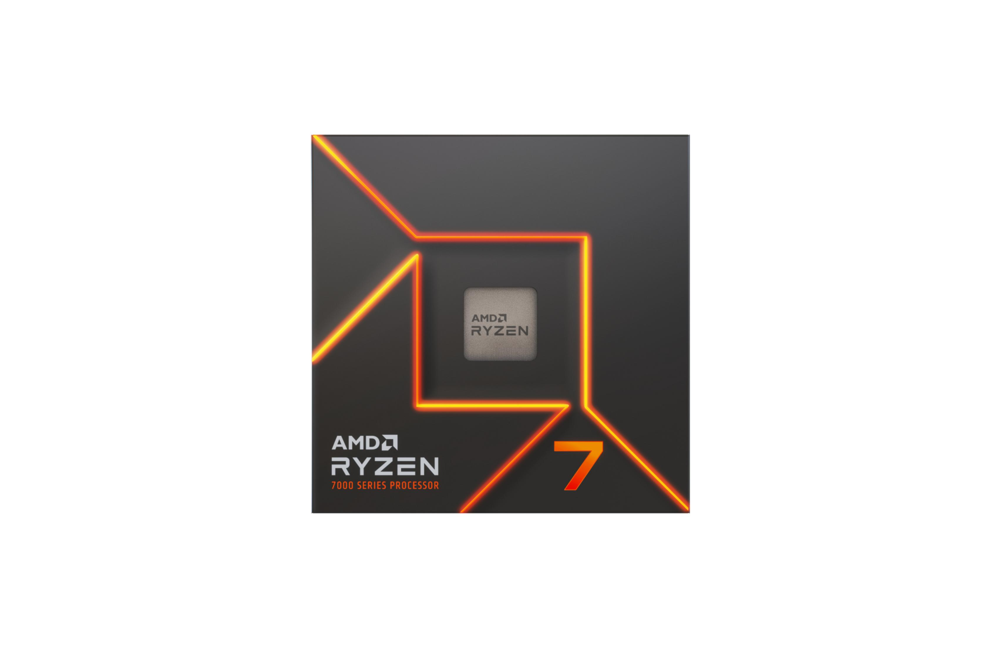Pudełko procesora AMD Ryzen 7 na białym tle z pomarańczowo-żółtym wzorem.