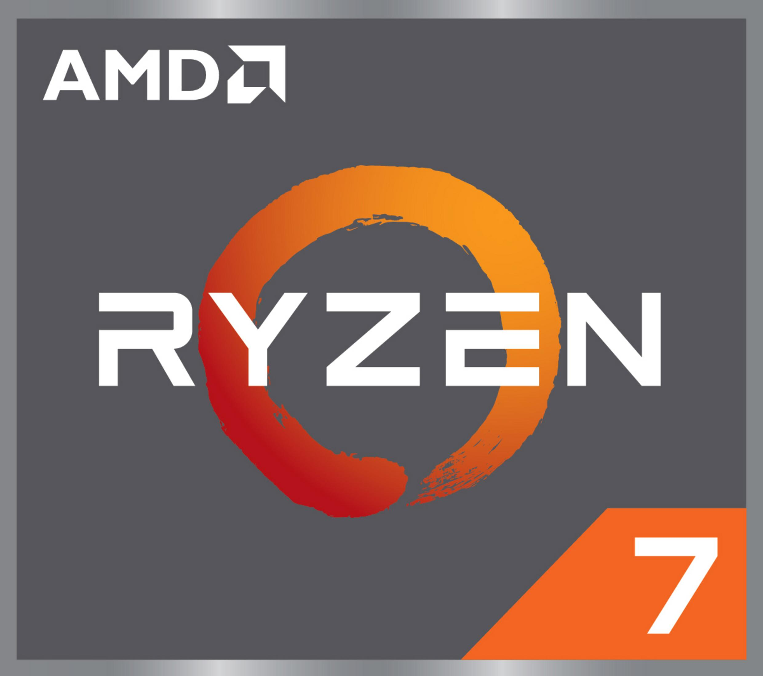 Turuncu bir şerit ile gri bir arka plan üzerinde AMD Ryzen 7 logosu.