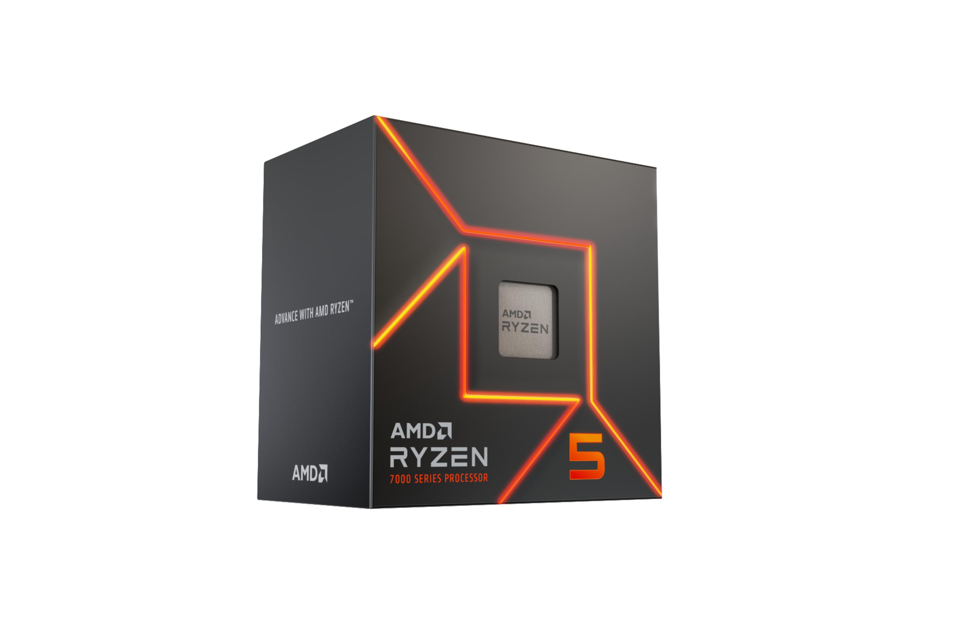Czarne pudełko AMD Ryzen 5, pomarańczowe linie obrysowują procesor. Białe tło.