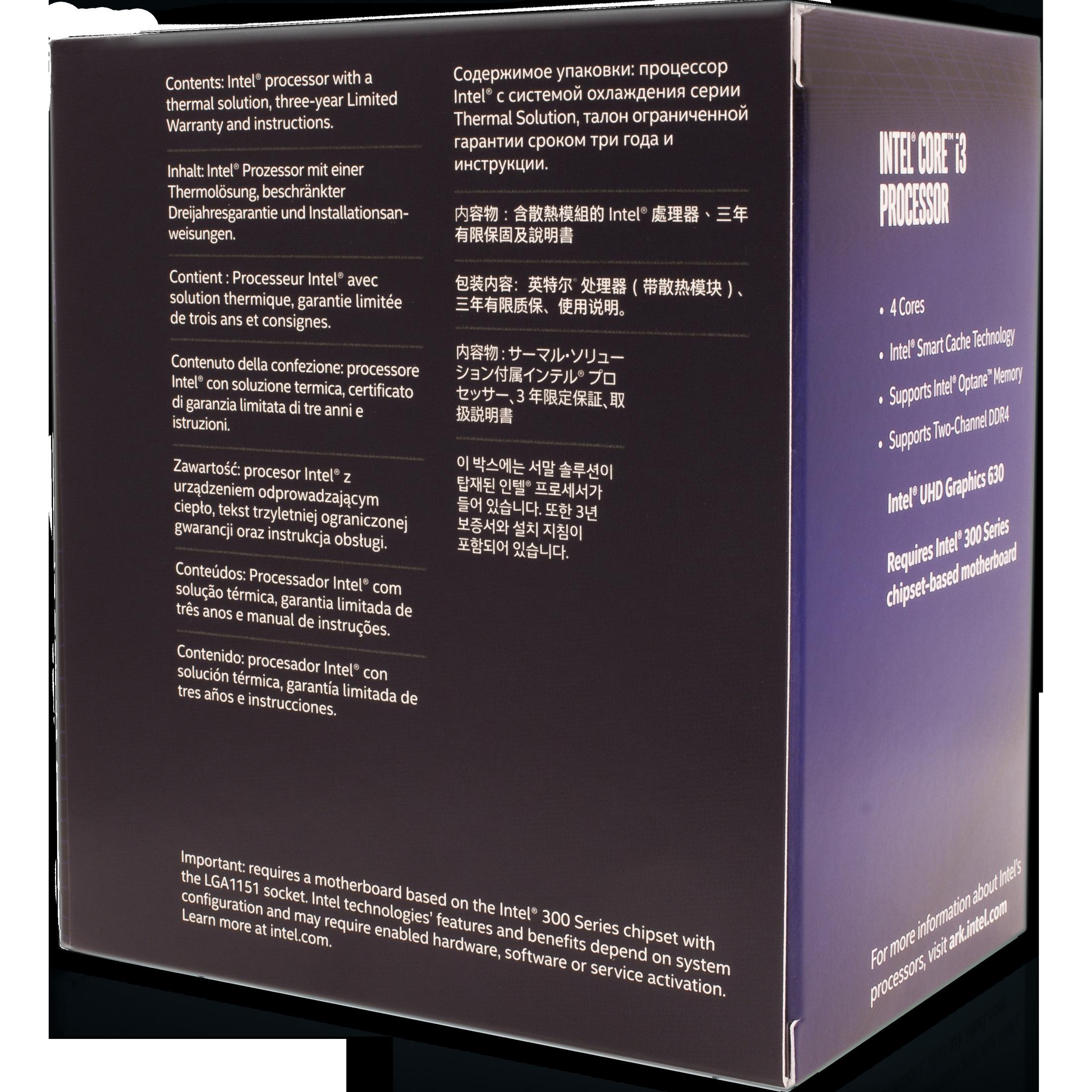Pudełko z tekstem w wielu językach. Z przodu napisane jest 'Intel Core i3 Processor'.