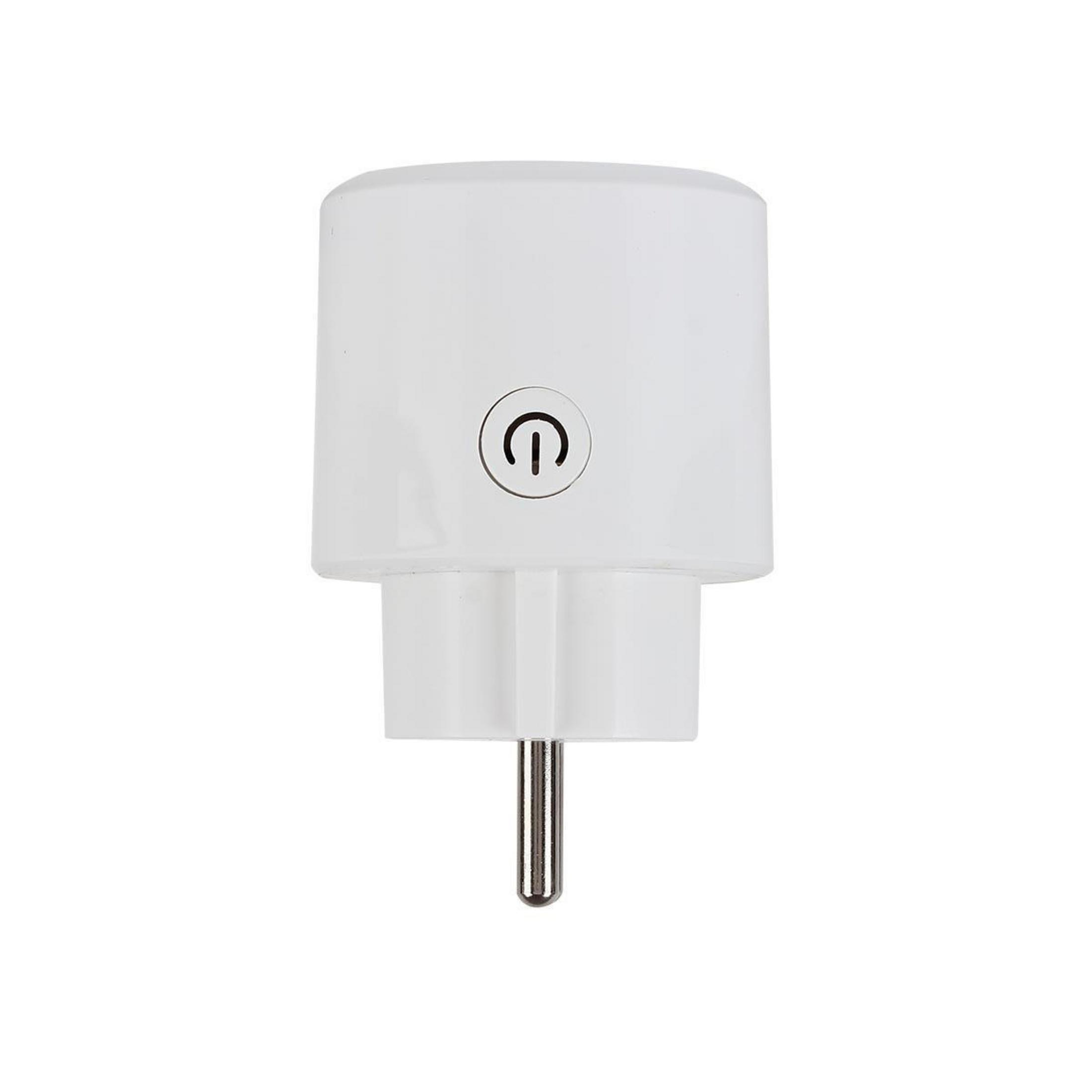 Ein weißer Stecker mit dem Stromsymbol darauf.
