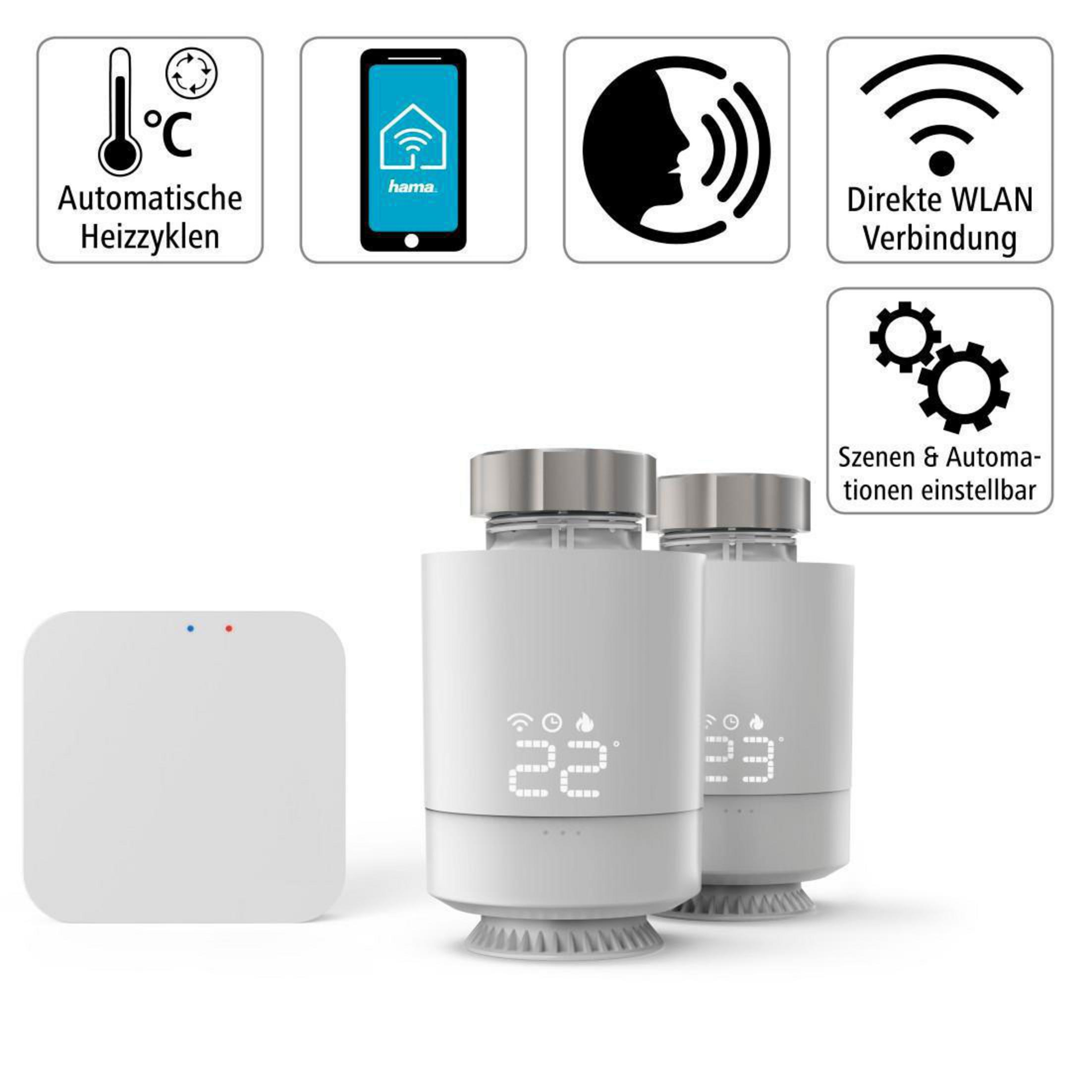 Smart Home Thermostate. Zwei weiße Thermostate mit Display und Symbolen. Weißer Hintergrund.