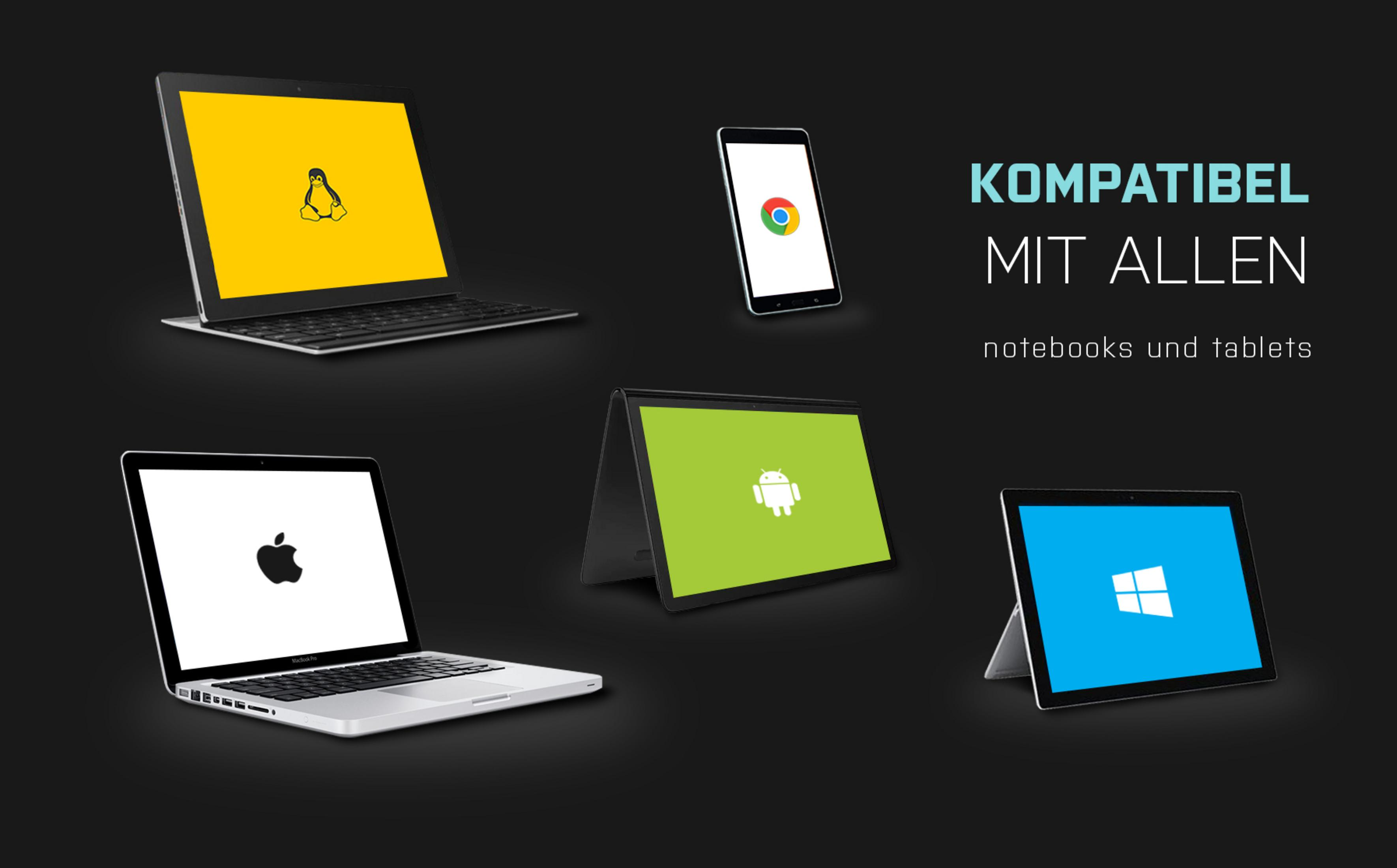 Laptops, tablet en telefoon met verschillende OS. Tekst: "COMPATIBEL MET ALLE notebooks en tablets".