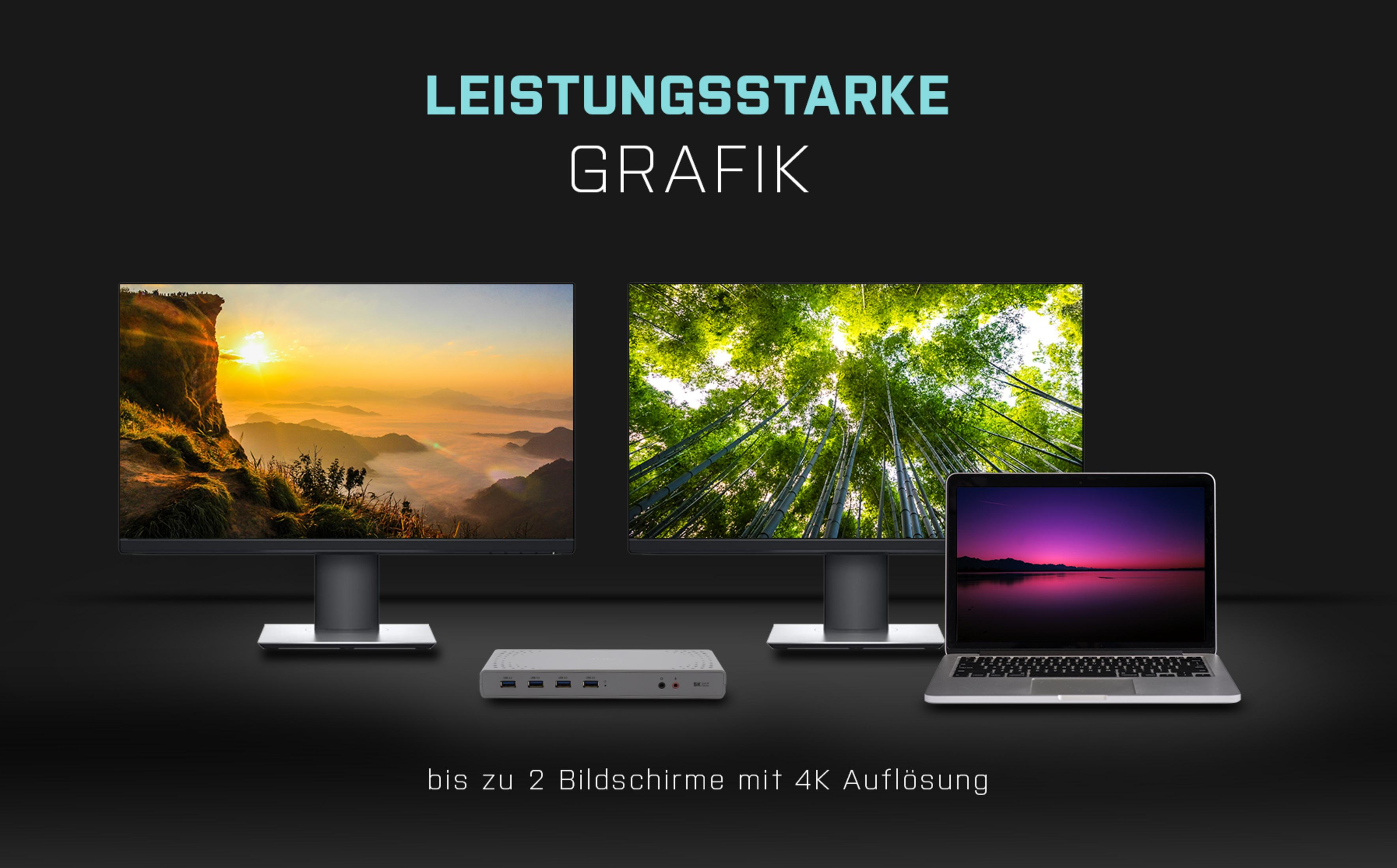 Afbeelding met twee monitoren en een laptop met landschappen. Zilverkleurig apparaat in het midden.