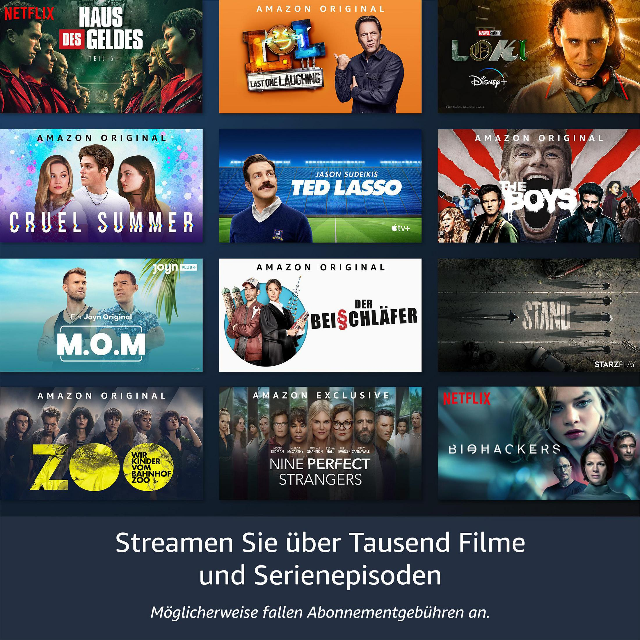 Collage von Streaming-Diensten. Text unten, Deutsch. Verschiedene Film- und Serientitel.