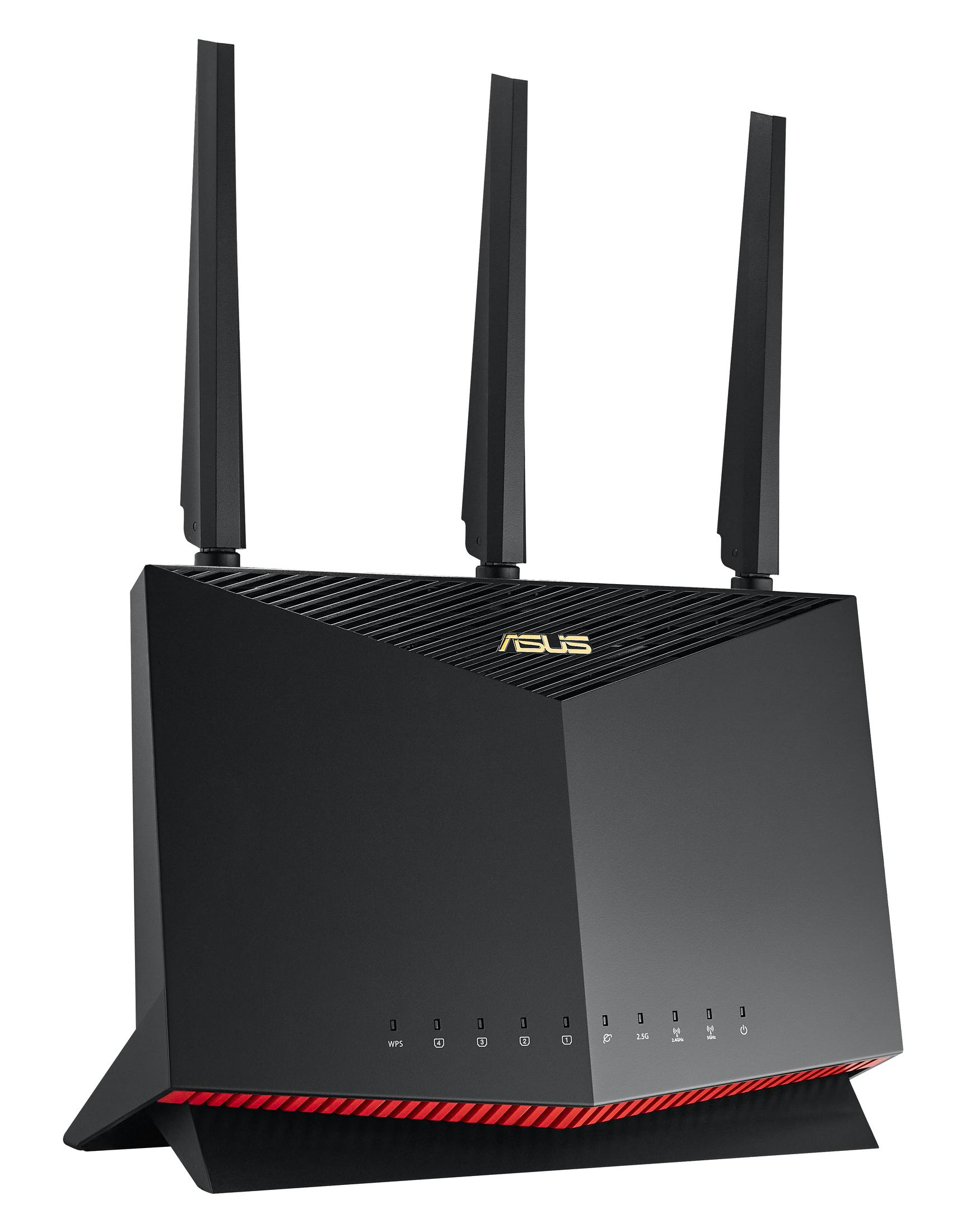 Czarny router ASUS z trzema antenami, czerwonymi akcentami i kilkoma lampkami kontrolnymi.