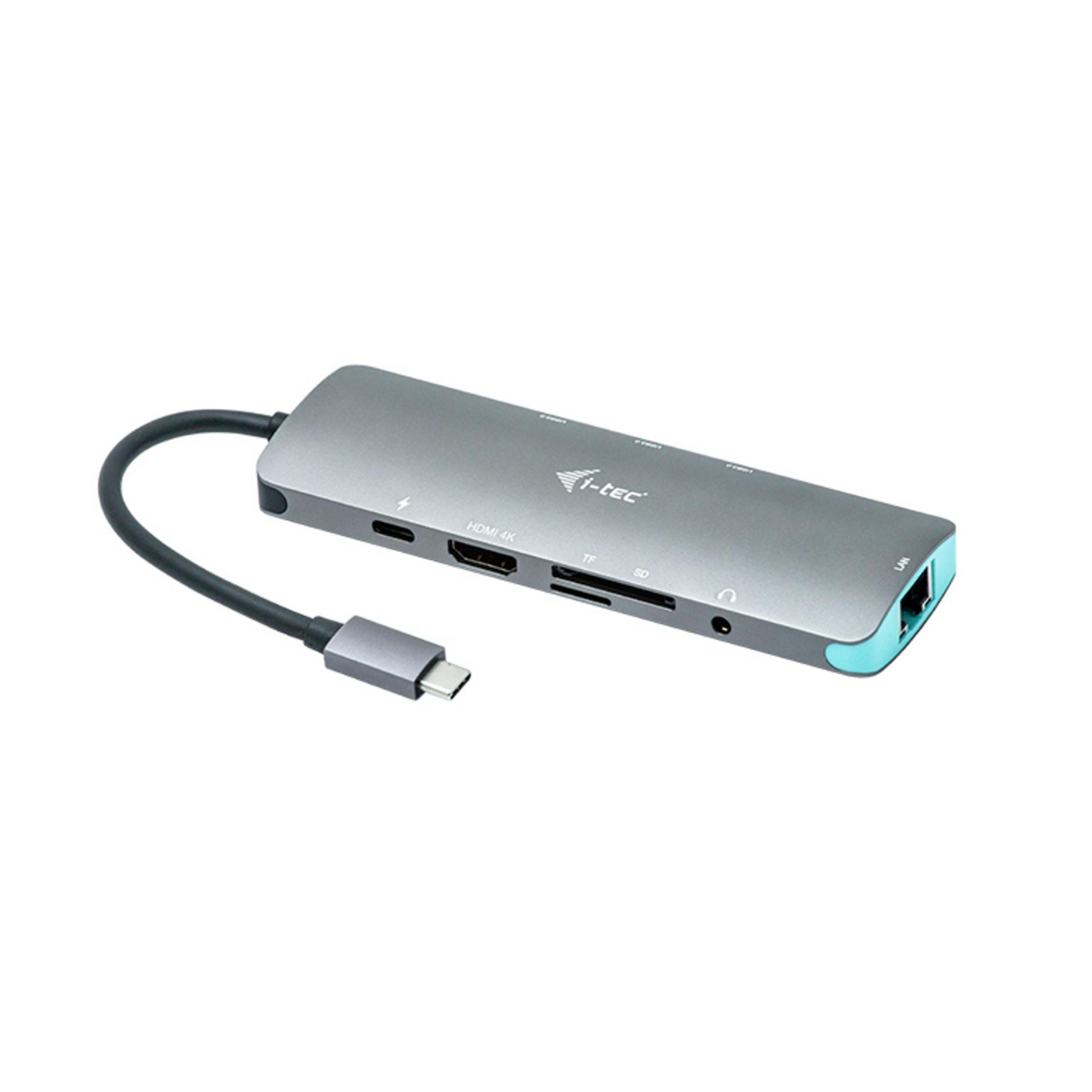 Ein silberner I-tec USB-C-Hub mit mehreren Anschlüssen und einem schwarzen Kabel.