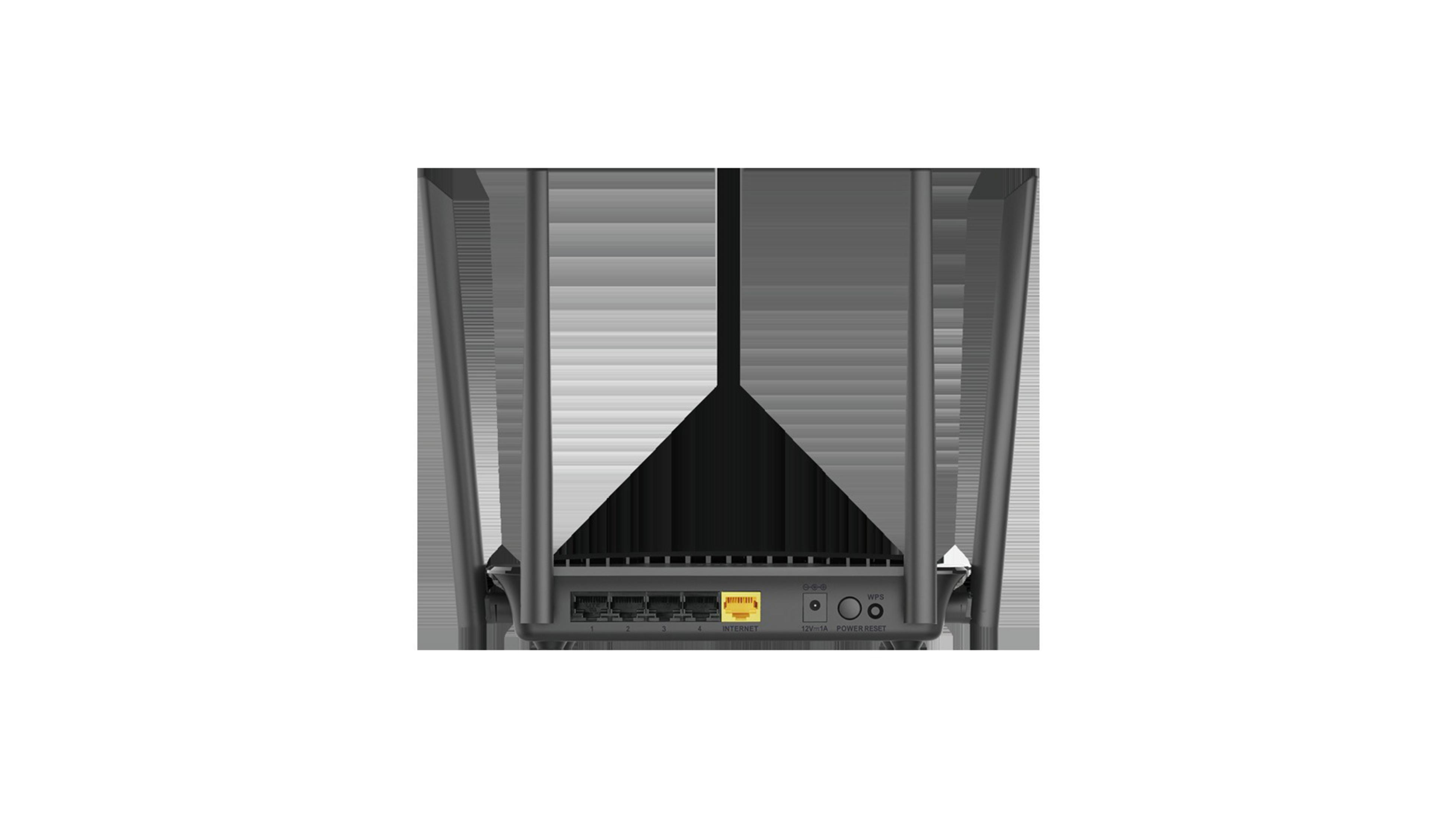 Schwarzer Router mit Antennen, Anschlüssen und Beschriftungen auf weißem Hintergrund.