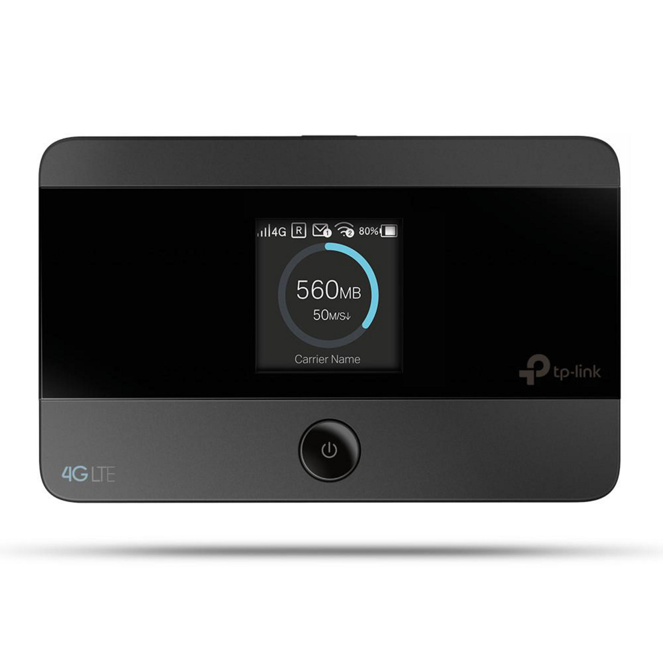 Veri kullanımını gösteren bir ekrana sahip siyah bir TP-Link 4G LTE mobil Wi-Fi yönlendiricisi.