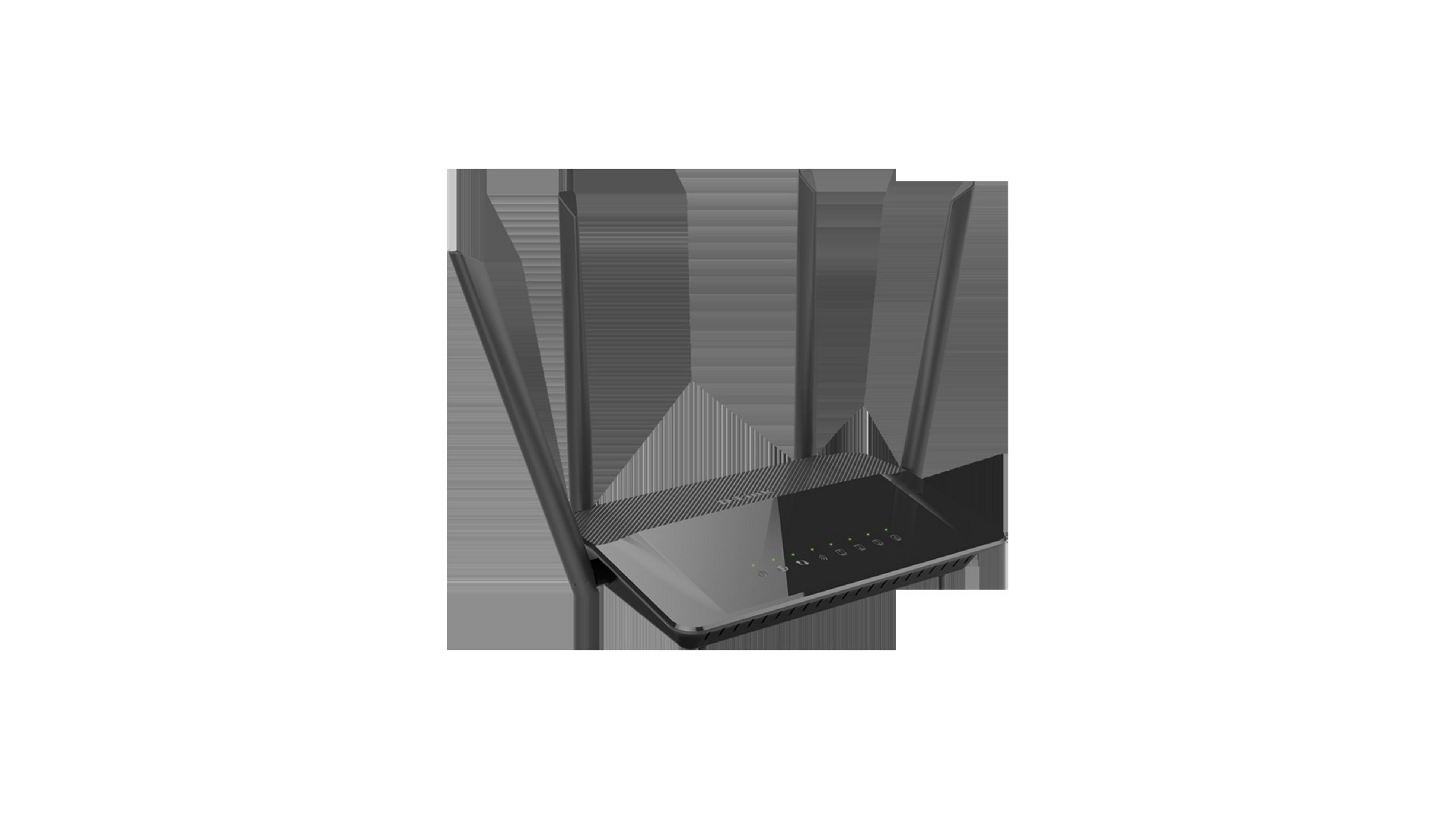 Ein schwarzer Router mit mehreren Antennen auf weißem Hintergrund. Es scheint ein modernes Gerät zu sein.