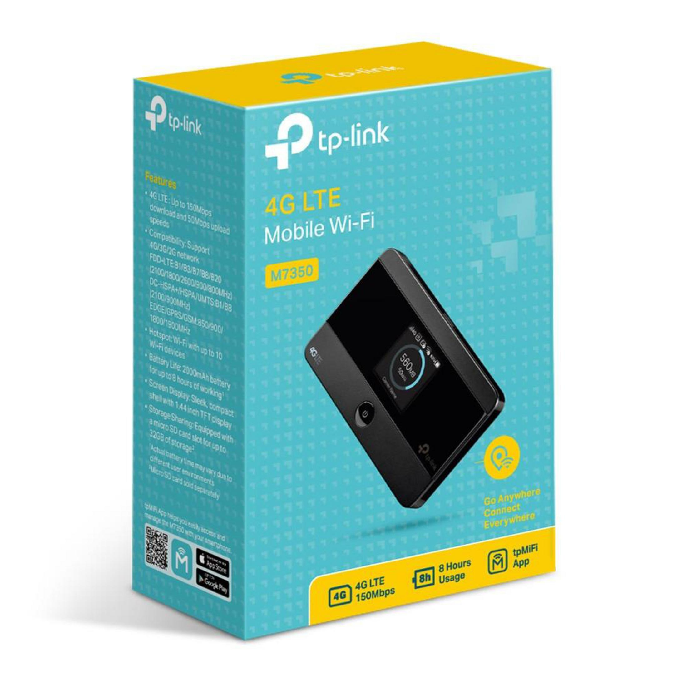 Wi-Fi simgesini gösteren bir telefonla beyaz ve mavi bir tp-link Wi-Fi kutusu.