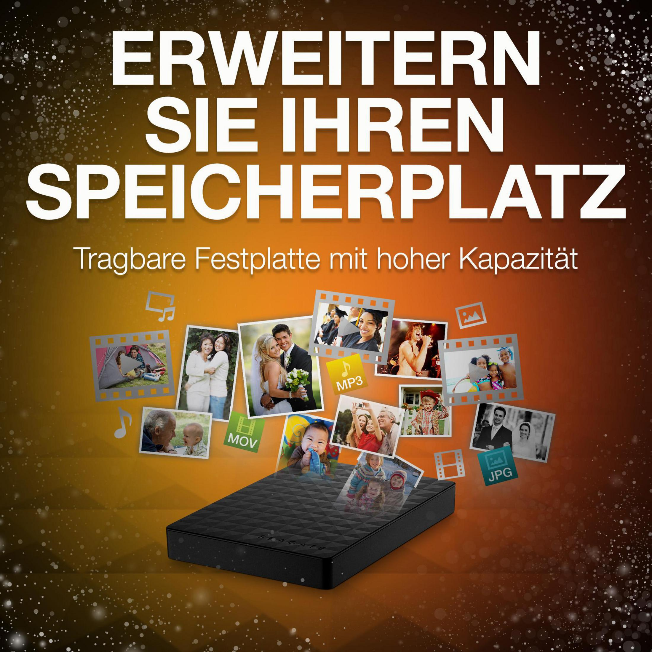 Czarny zewnętrzny dysk twardy ze zdjęciami wspomnień. Tekst mówi: Rozszerz swoją pamięć.