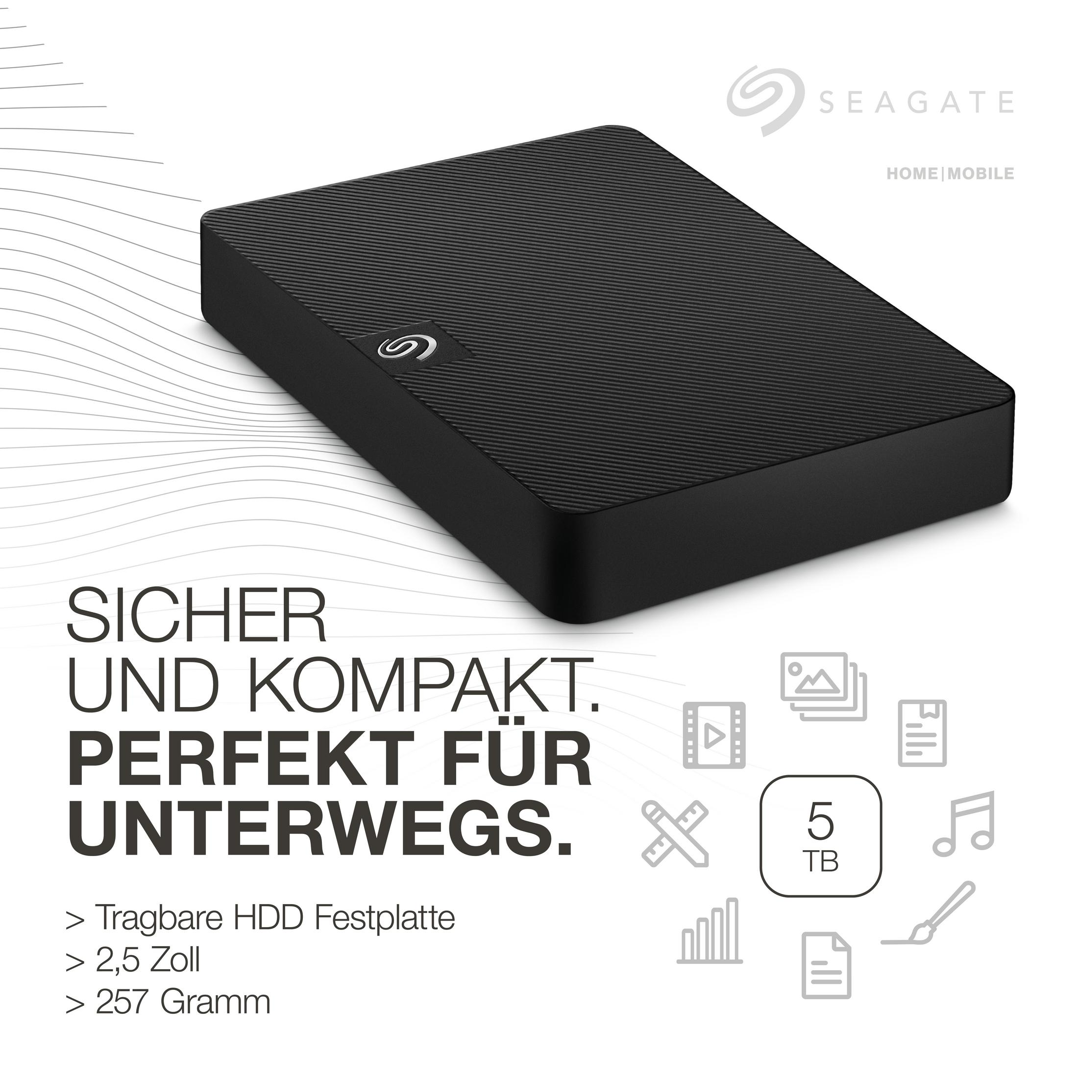 Czarny zewnętrzny dysk twardy Seagate ze szczegółami produktu i ikonami. Tekst: 'SICHER UND KOMPAKT. PERFEKT FÜR UNTERWEGS.'