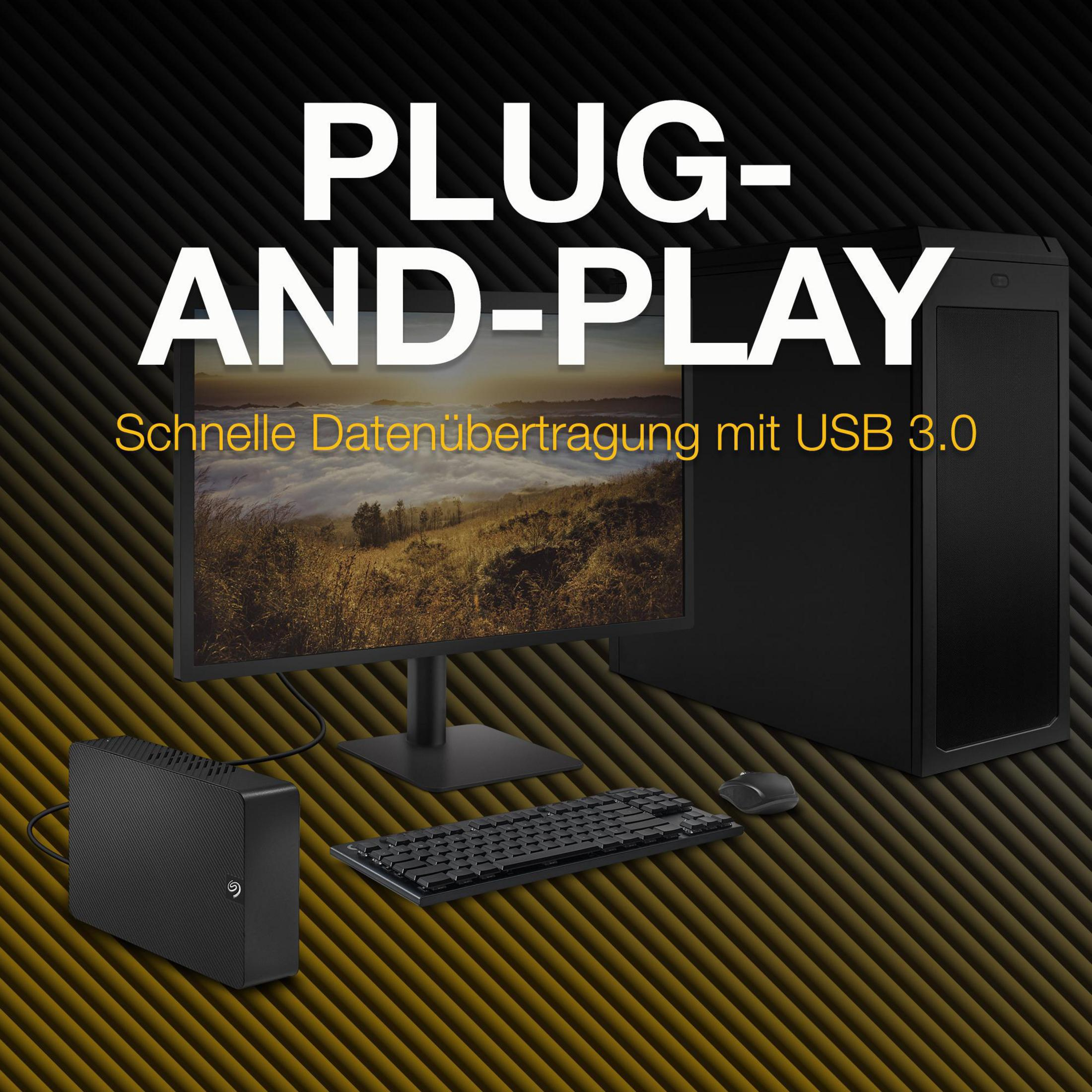 Konfiguracja komputera stacjonarnego z tekstem 'PLUG-AND-PLAY' nad komputerem, monitorem i klawiaturą.