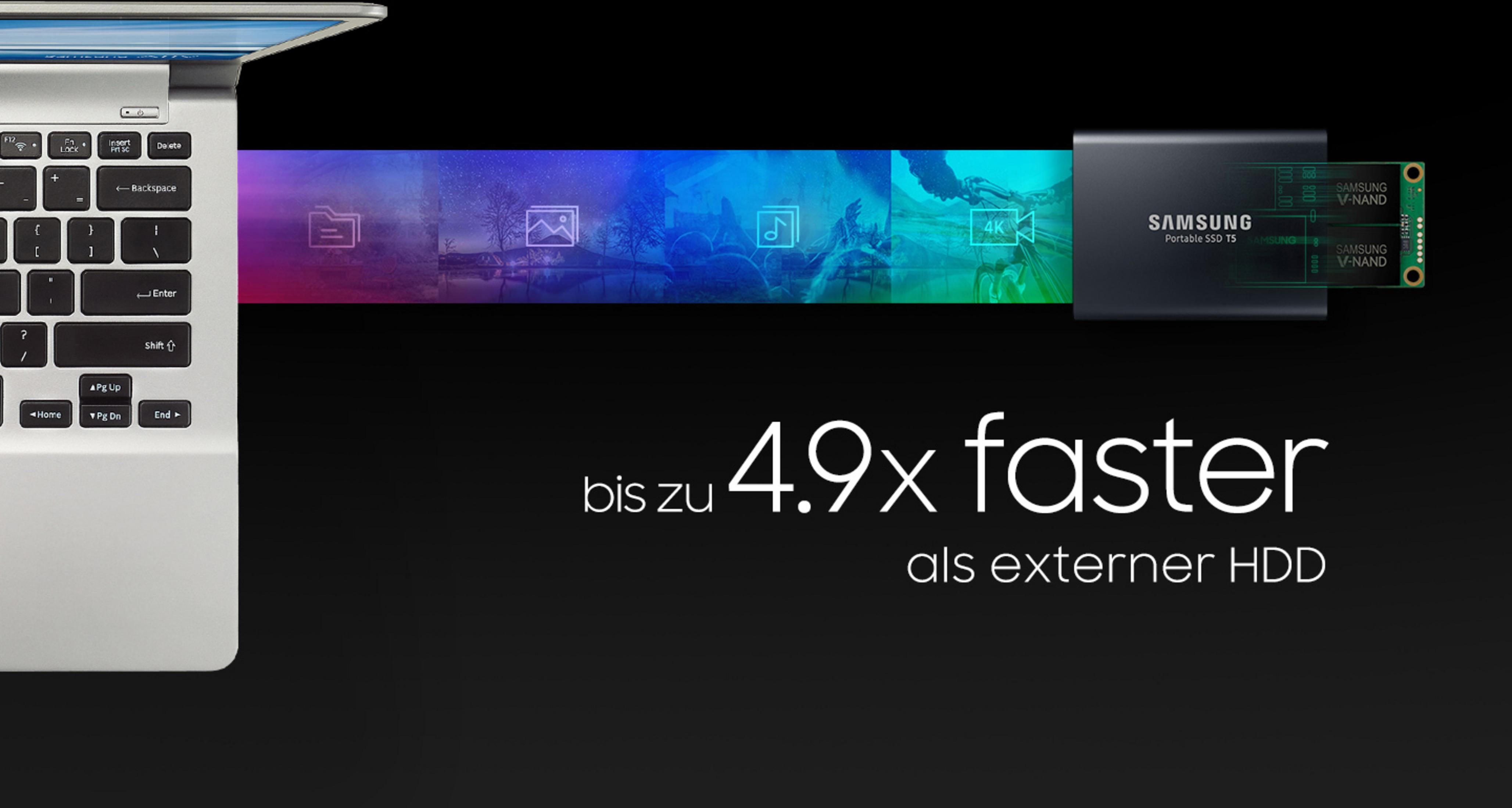 Laptop con SSD portatile Samsung. Il testo dice "4.9x più veloce di HDD esterno".
