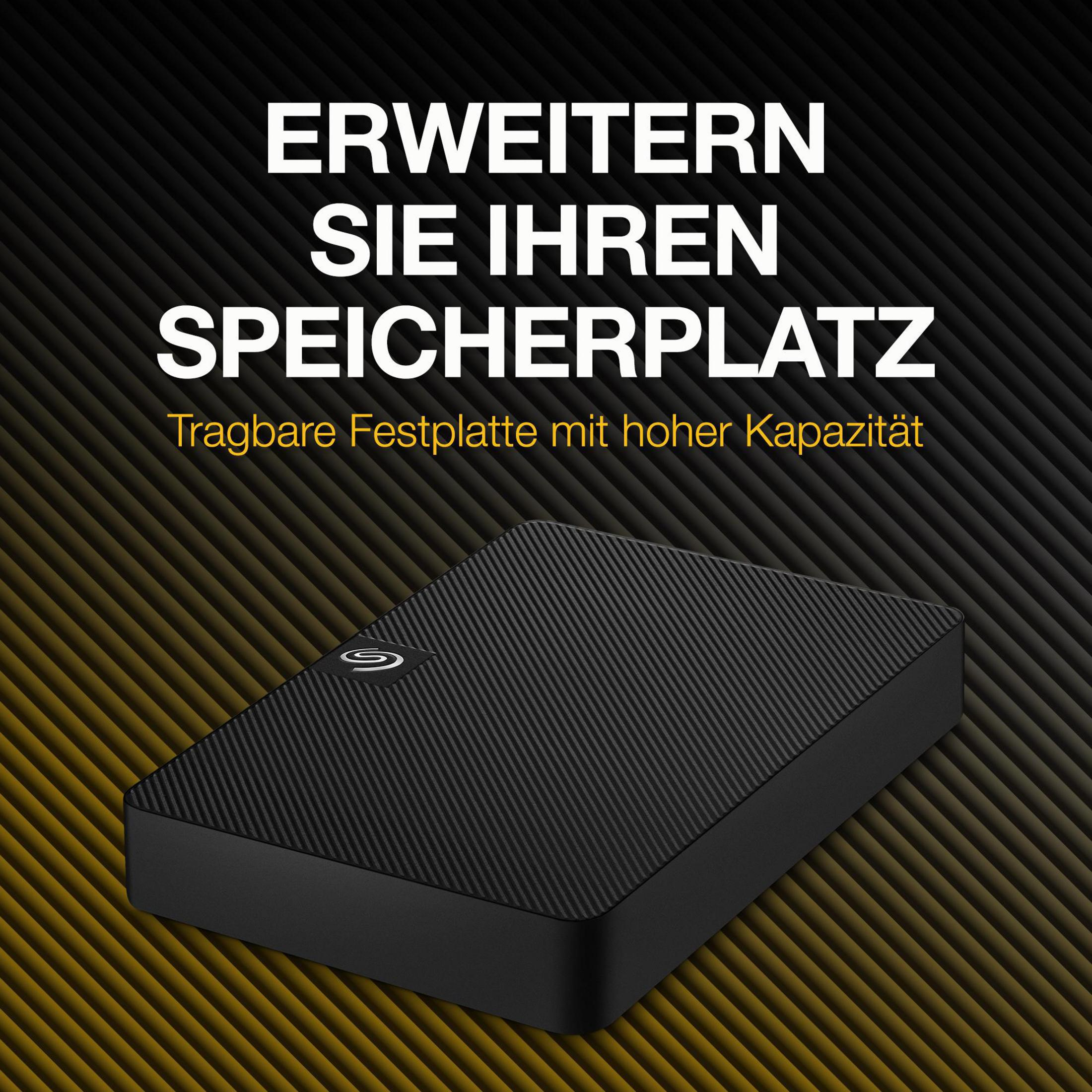 Eine schwarze externe Festplatte mit dem Text „ERWEITERN SIE IHREN SPEICHERPLATZ“ und dem Seagate-Logo.