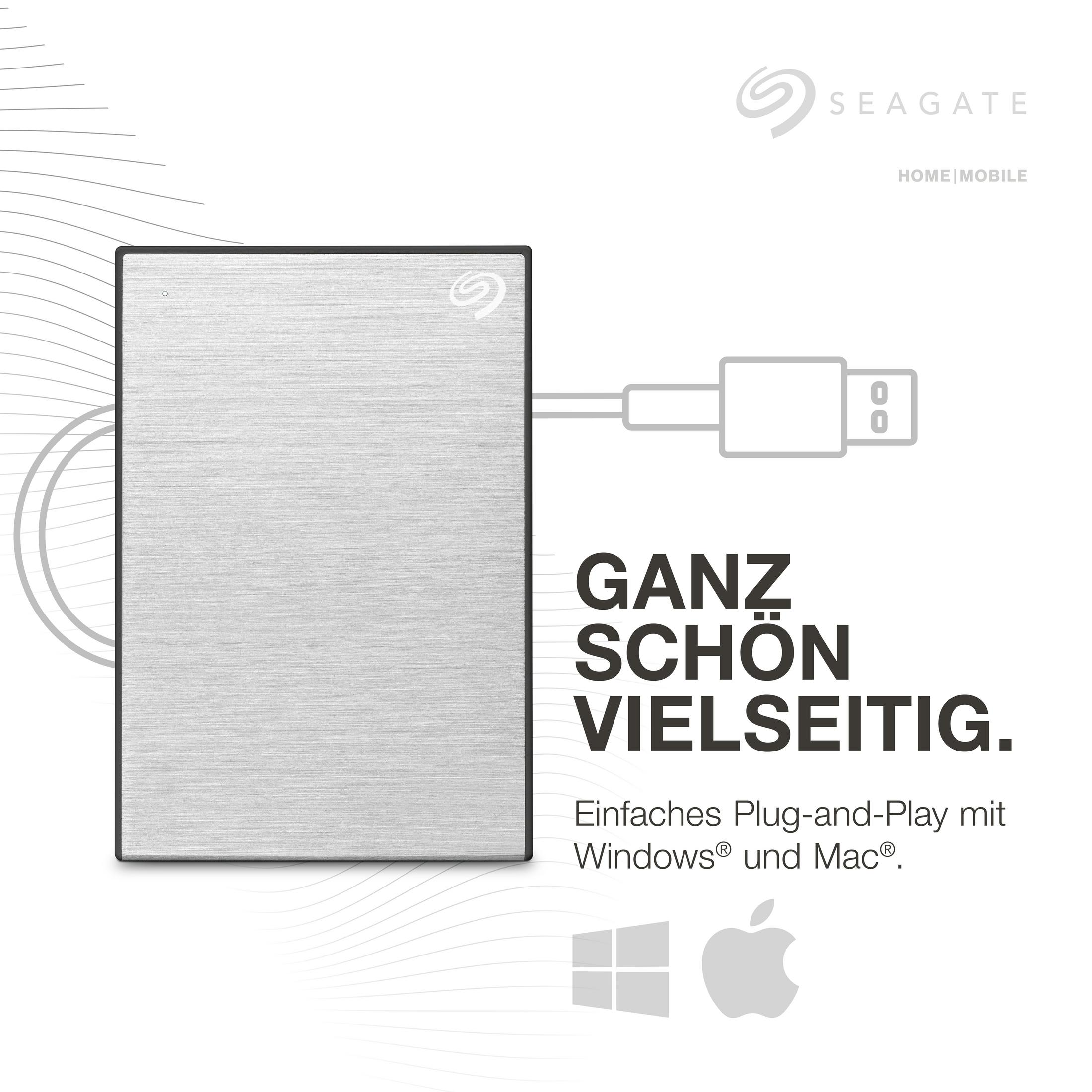 Disco rigido esterno argentato con bordo nero, cavo e testo. Il logo Seagate è in alto.