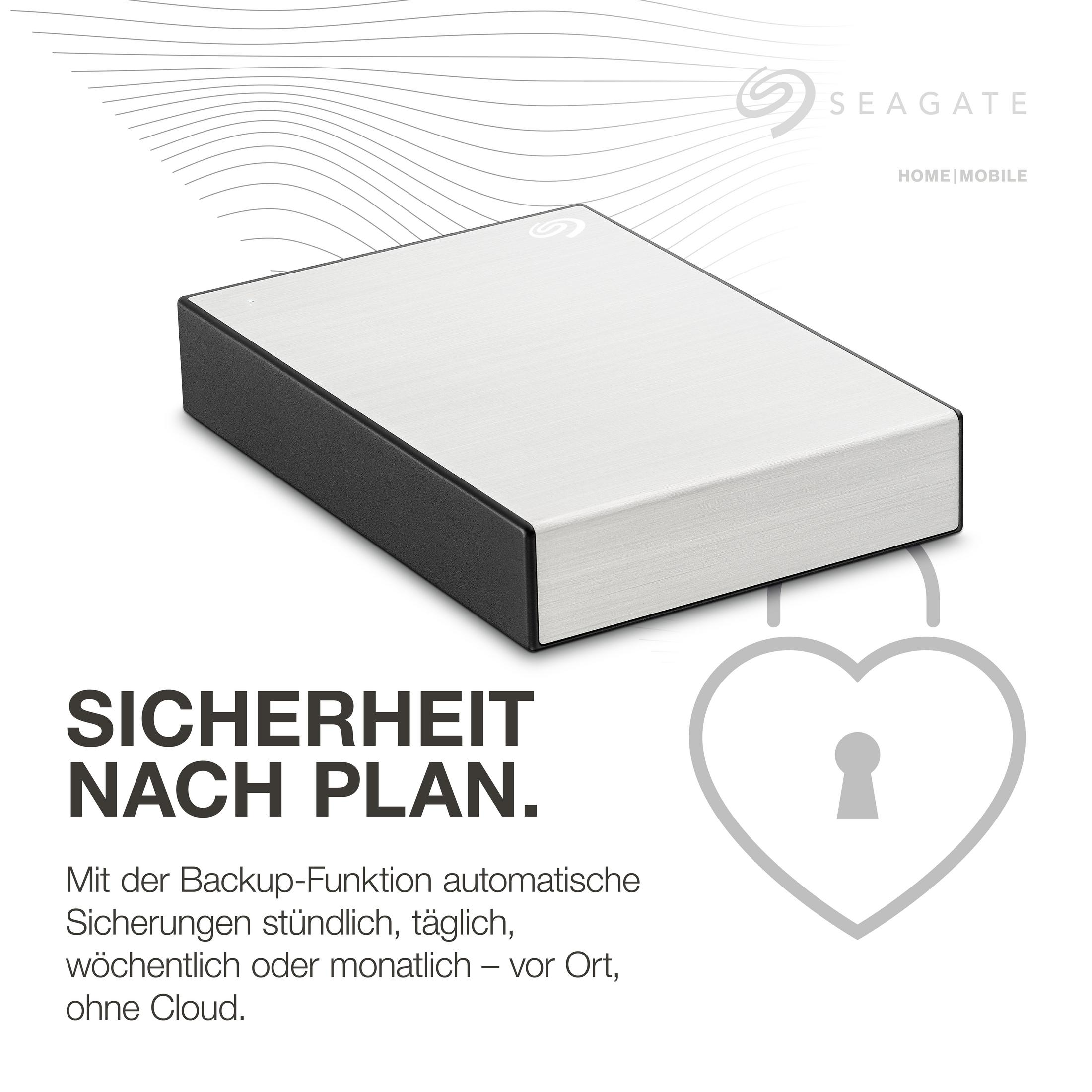 Un disco rigido esterno Seagate bianco e nero con testo e illustrazione di lucchetto.