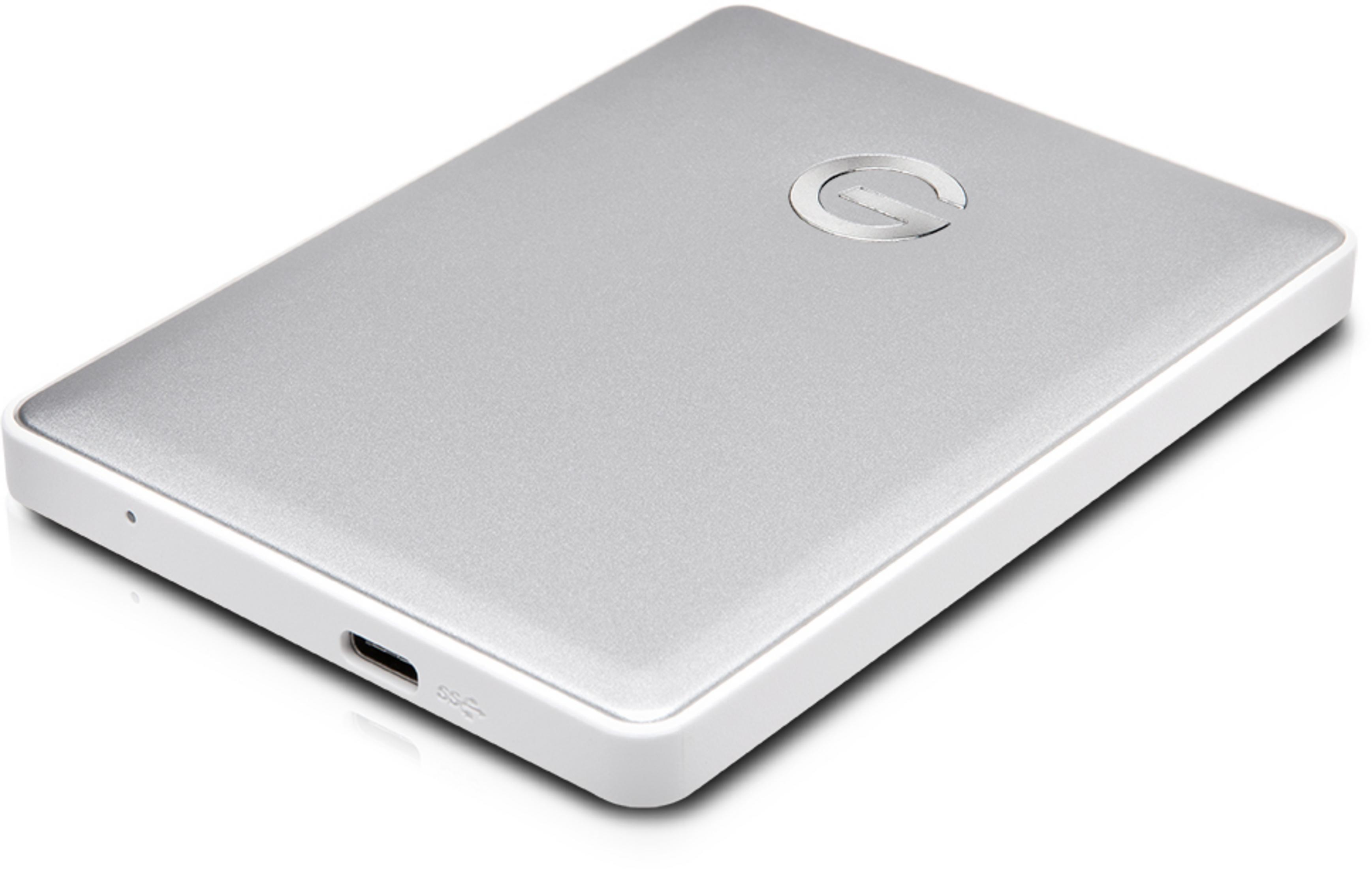 Disco rigido esterno argentato. Vista dall'alto, con logo. Porta USB laterale. Sfondo bianco.