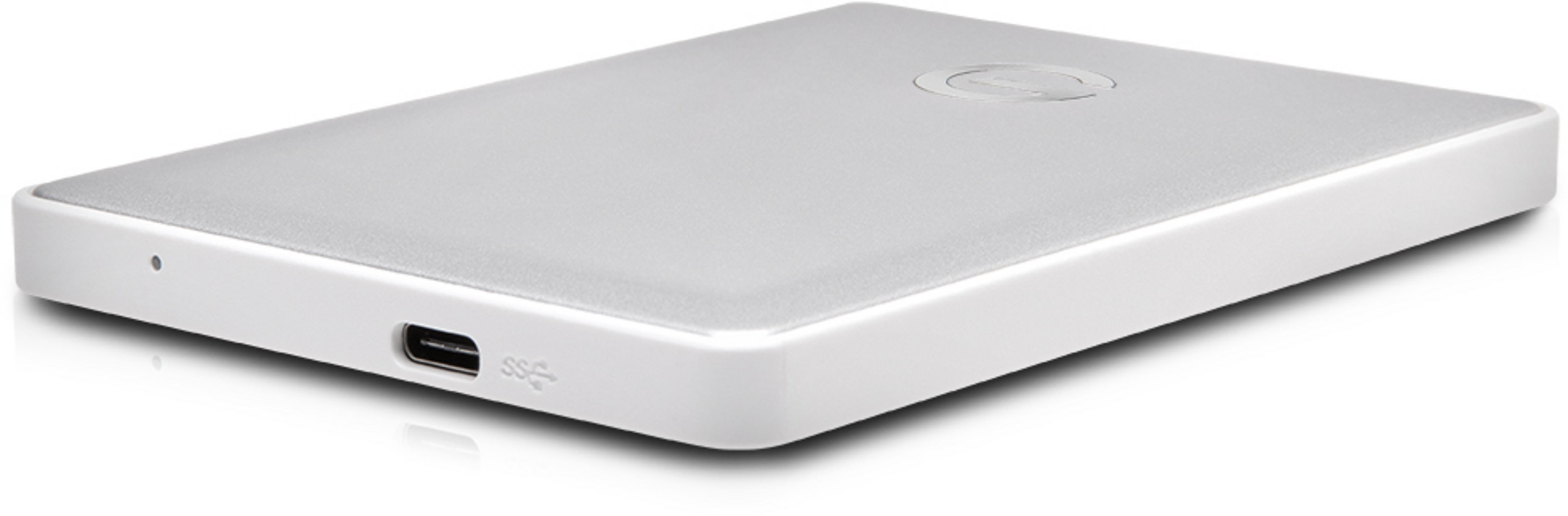Un disco rigido esterno bianco. È piatto e ha una porta USB.