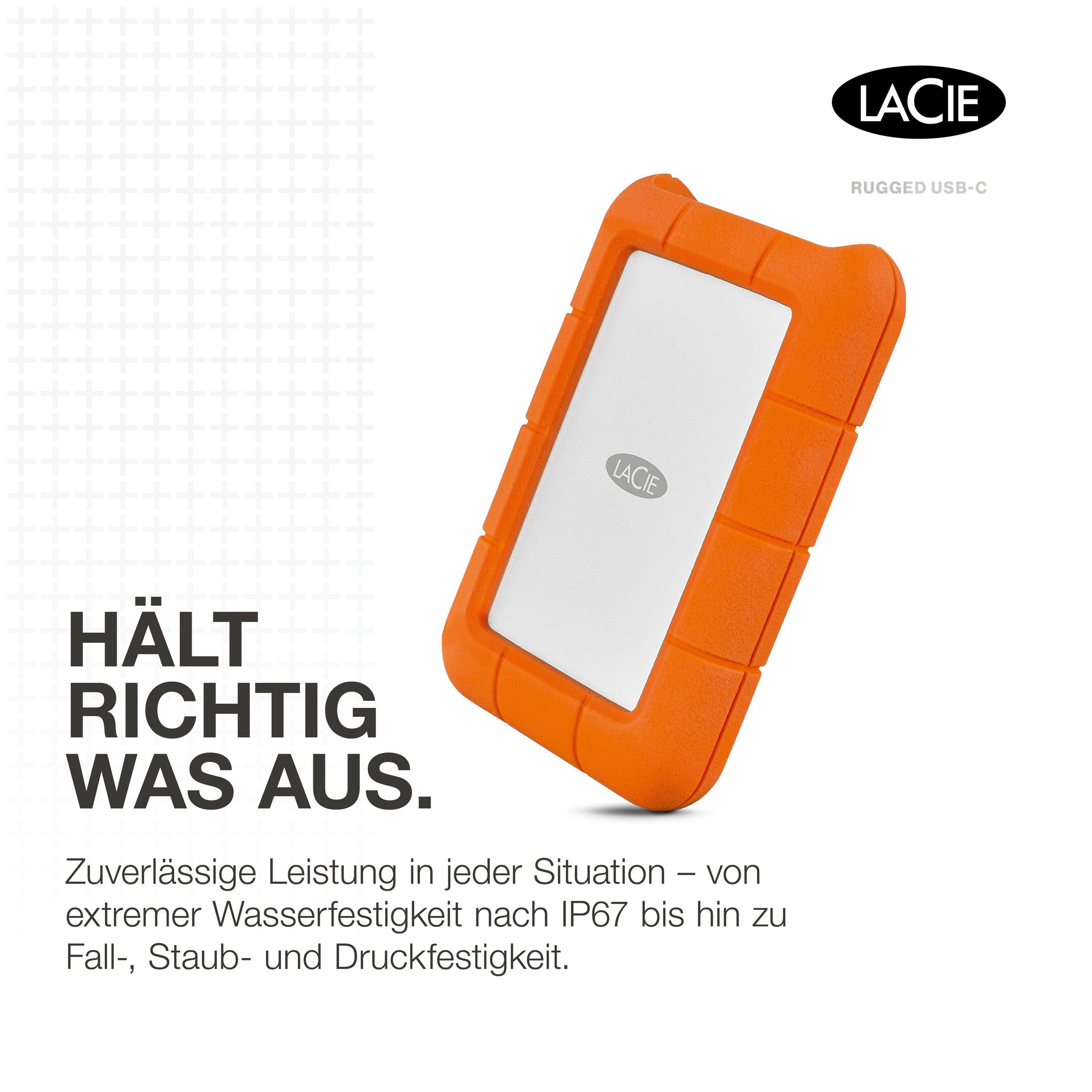 Pomarańczowy i biały zewnętrzny dysk twardy LaCie z USB-C, tekst: Rugged.