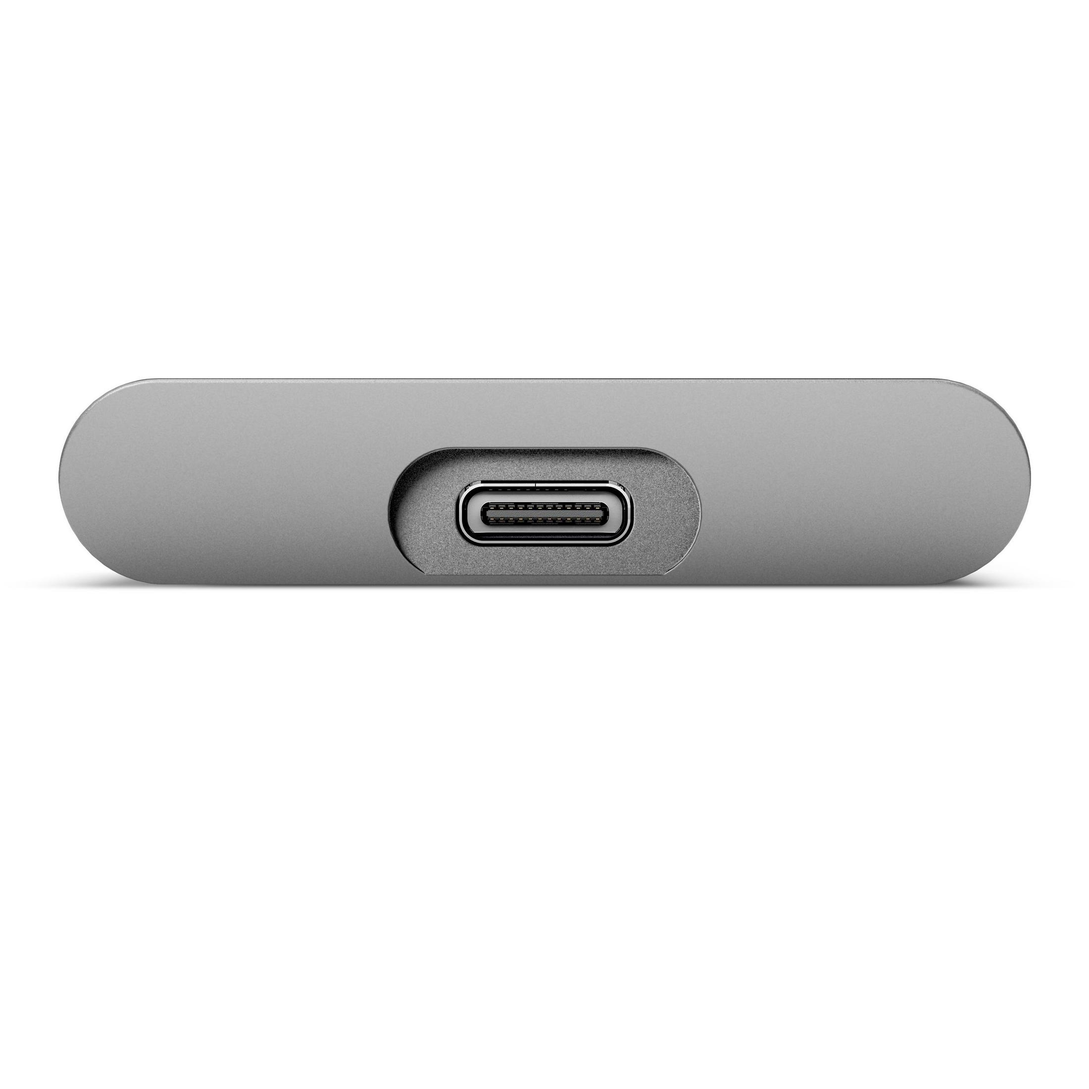 Primo piano di un dispositivo grigio rettangolare con porta USB-C. Ha un design elegante.