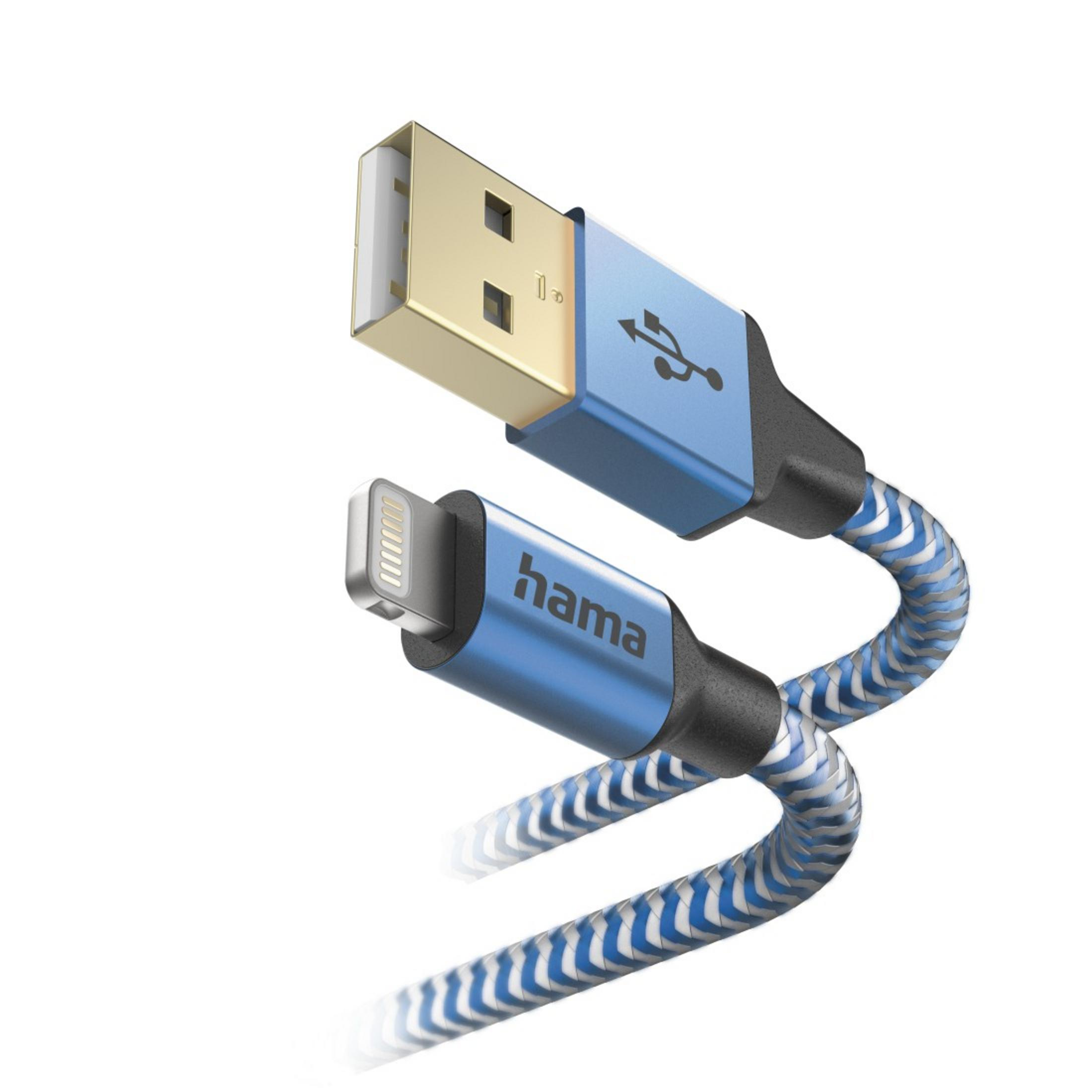 Câble USB vers Lightning tressé bleu et blanc sur fond blanc.