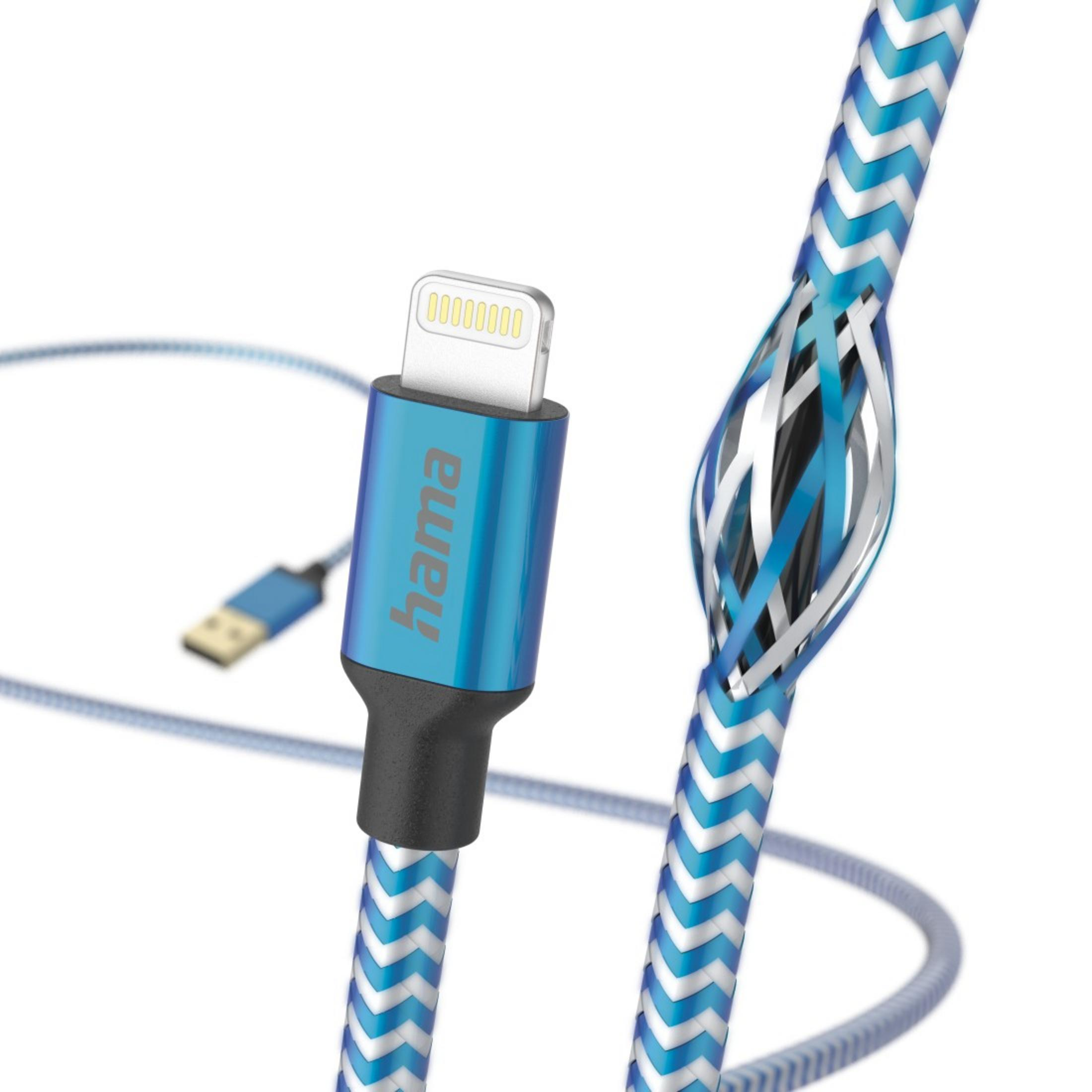 Câble USB-C bleu et blanc, avec connecteur bleu et argent.